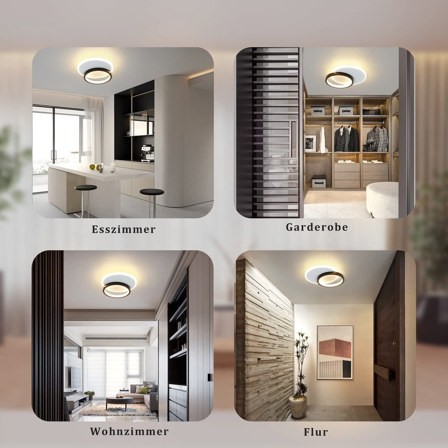 Cuatro imágenes de una lámpara de techo blanca y negra en diferentes habitaciones.