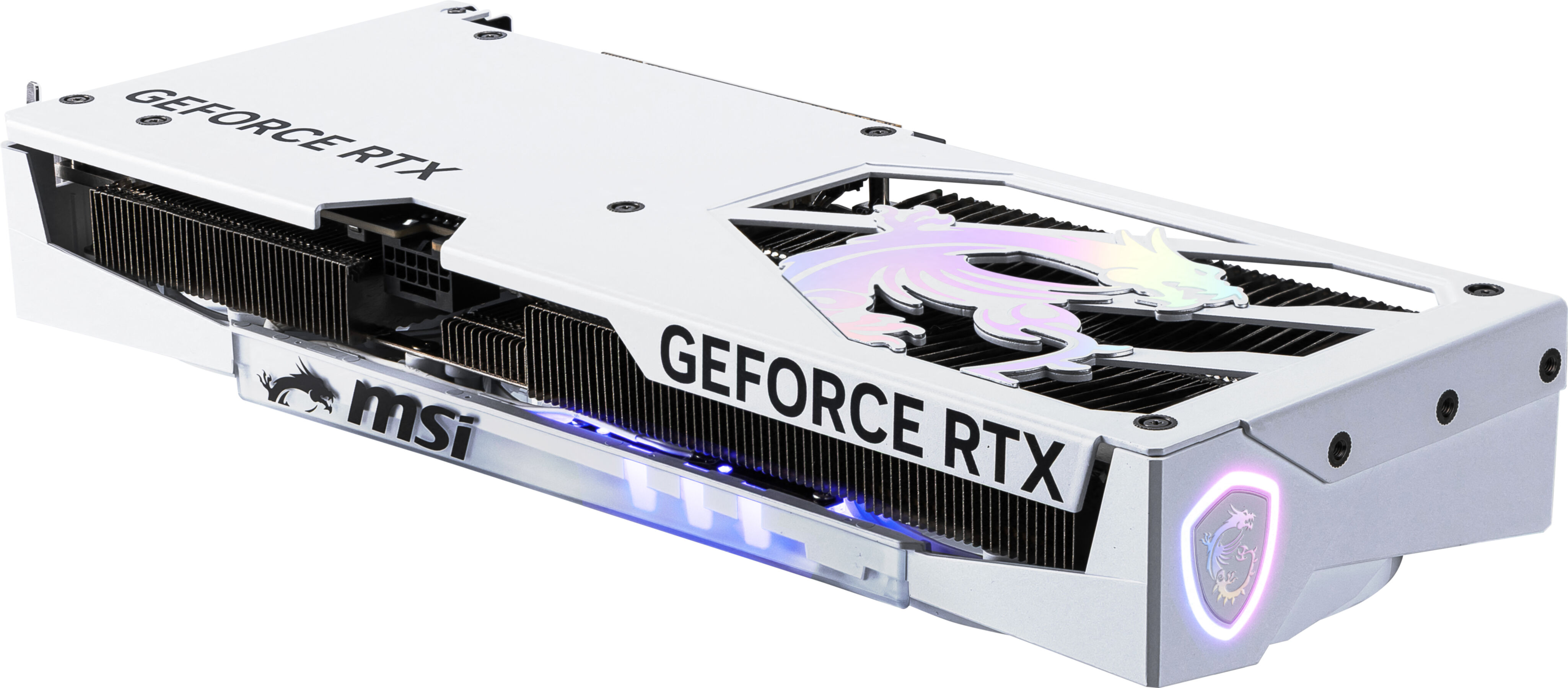 Witte MSI grafische kaart met drie ventilatoren en het GeForce RTX logo.