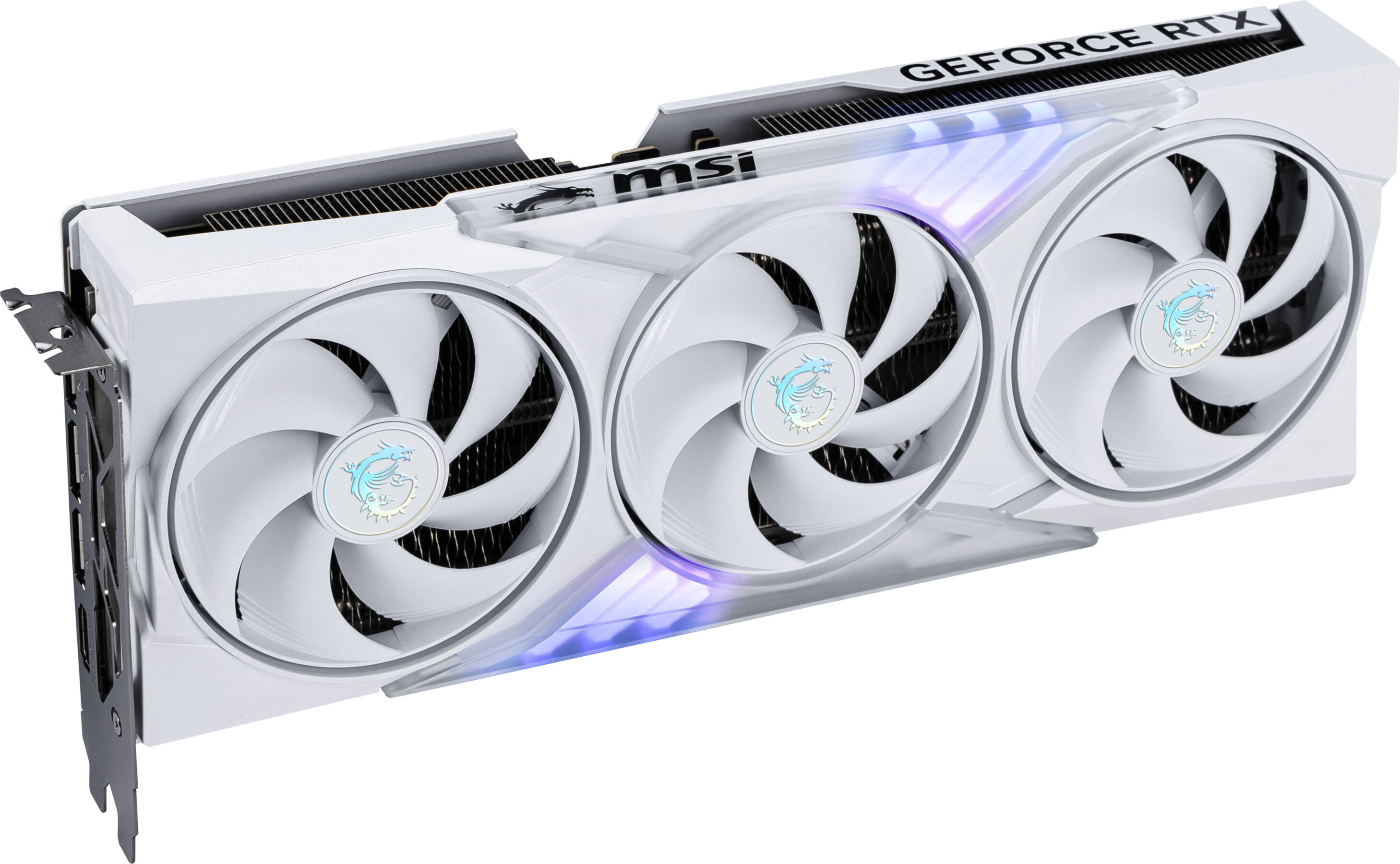 Witte grafische kaart met drie ventilatoren, MSI-logo en blauwe verlichting, witte achtergrond.