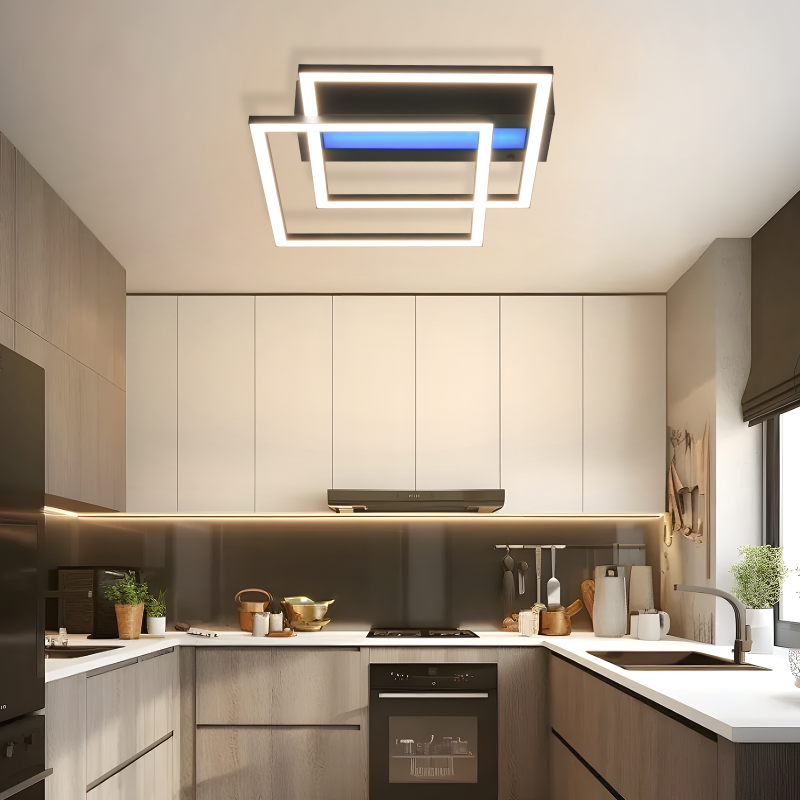 Una cocina moderna con una lámpara de techo cuadrada, armarios y electrodomésticos y utensilios de cocina.