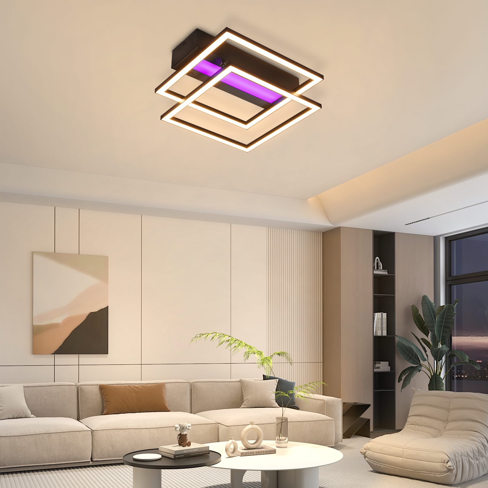 Una sala de estar moderna con una lámpara de techo, un sofá, una pintura y una combinación de colores neutros.