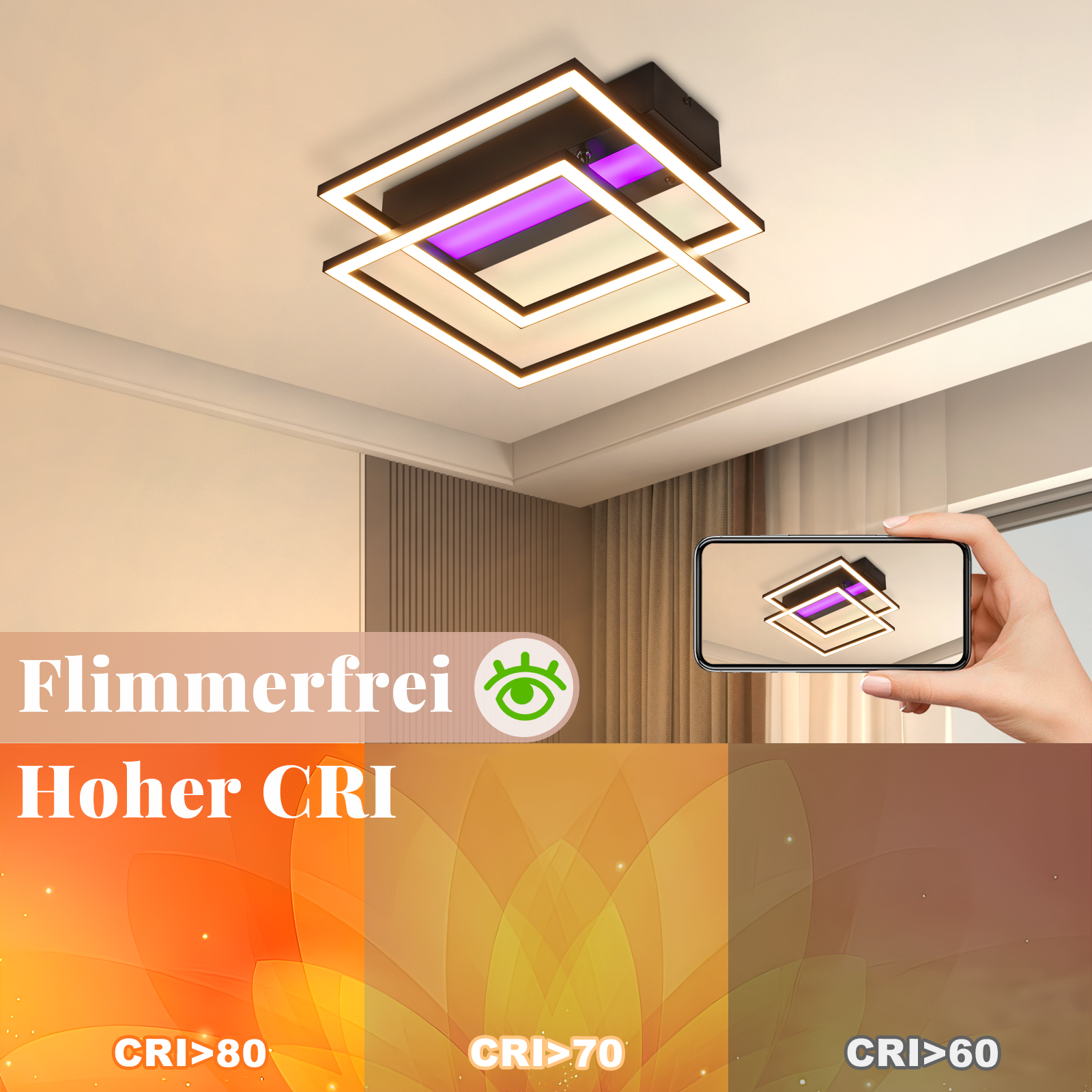 Luz de techo blanca y negra con alto CRI y un teléfono inteligente que muestra la luz.