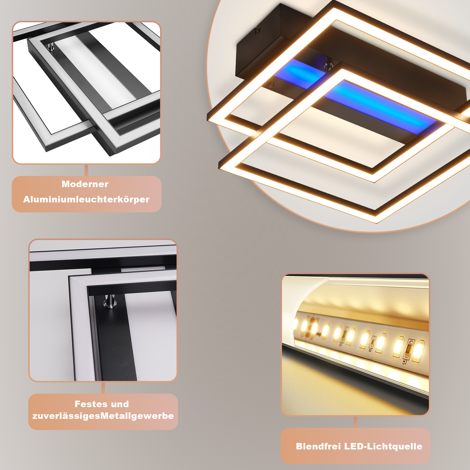 Primer plano de una lámpara de techo moderna con tres marcos cuadrados blancos y luz azul.