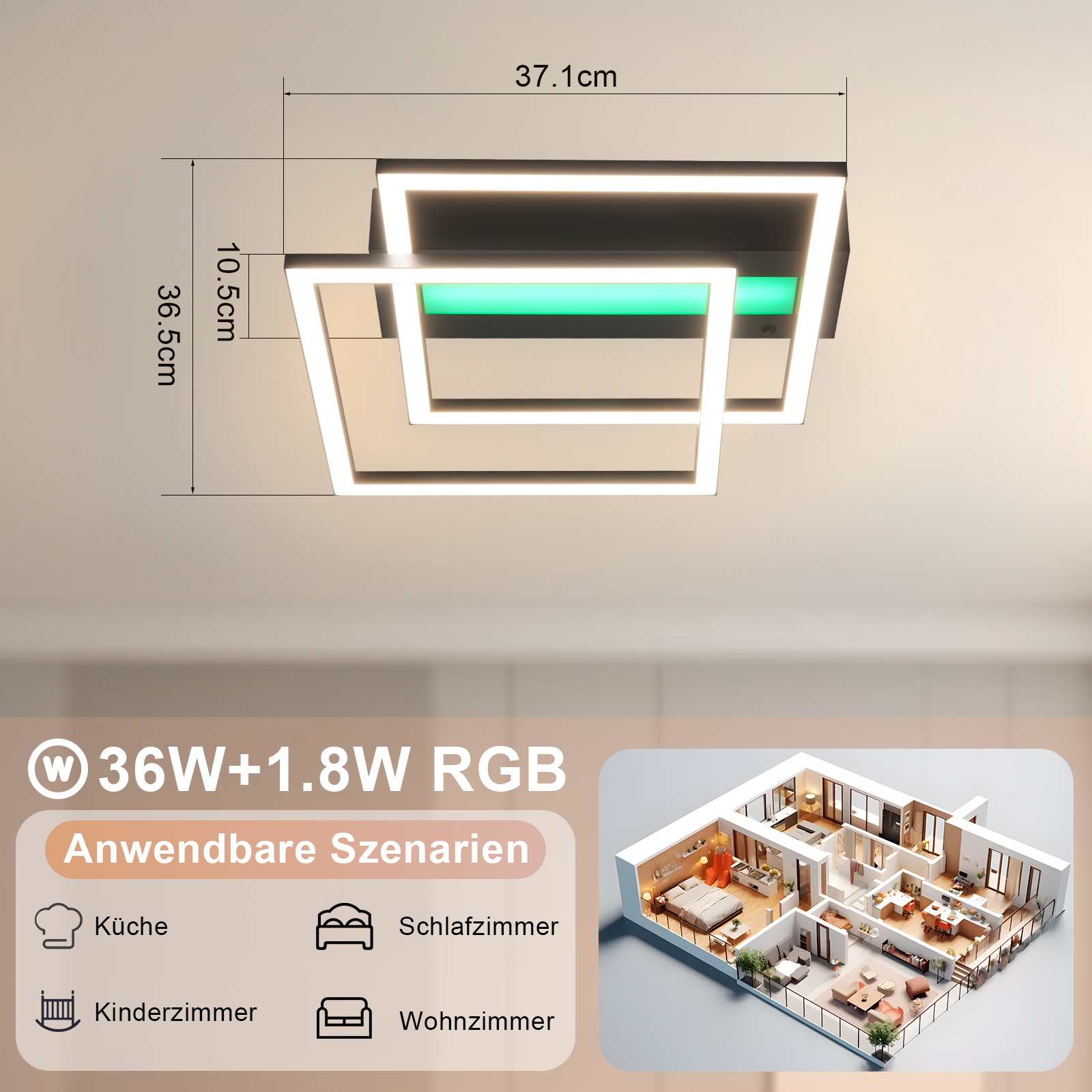 Luz de techo blanca y negra con dimensiones y ejemplos de escenas de habitaciones.