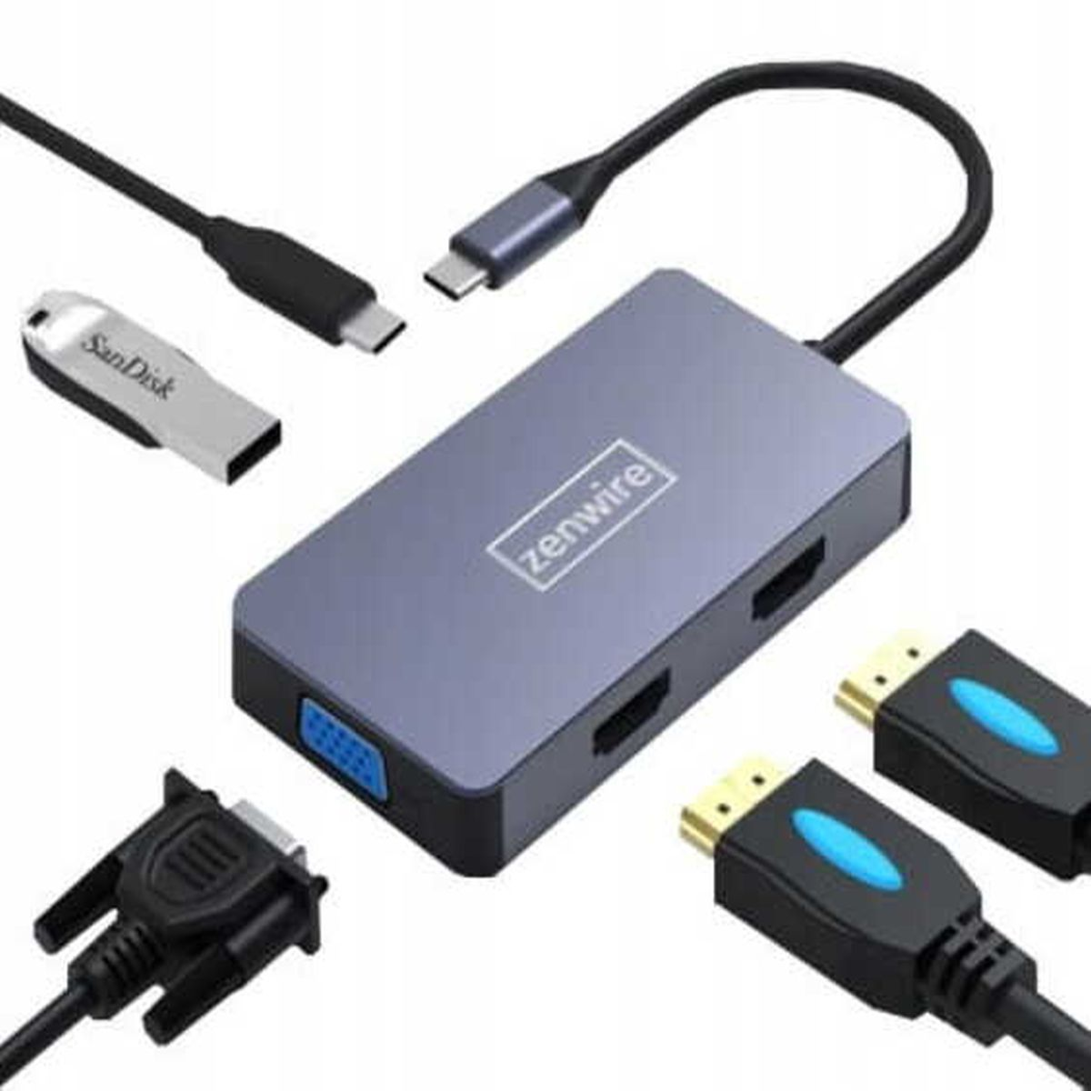 Hub z portami USB i HDMI, pendrivem oraz innymi kablami i złączami.