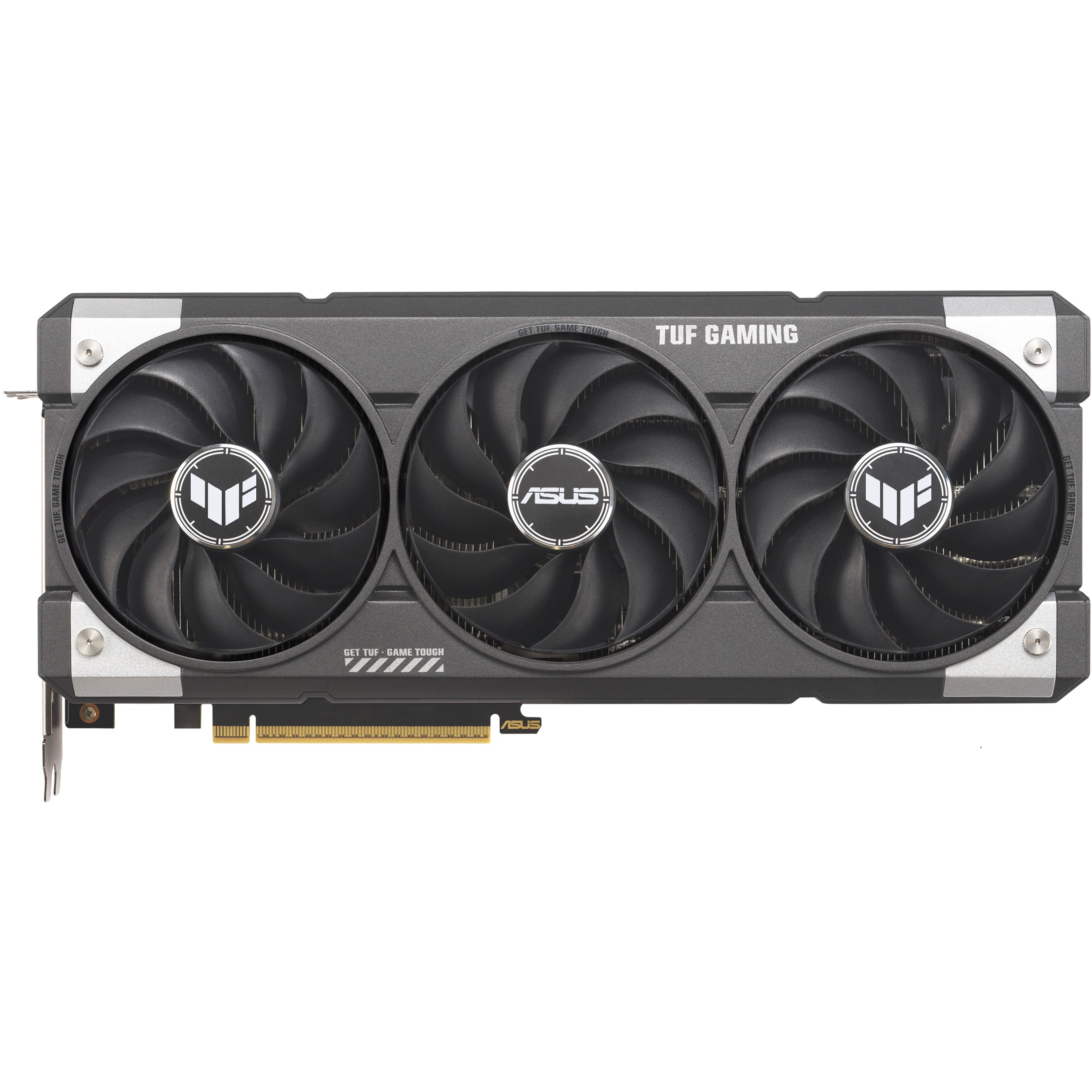 Beyaz bir arka plan üzerinde, üç fanlı siyah ve gri bir ASUS TUF Gaming grafik kartı.