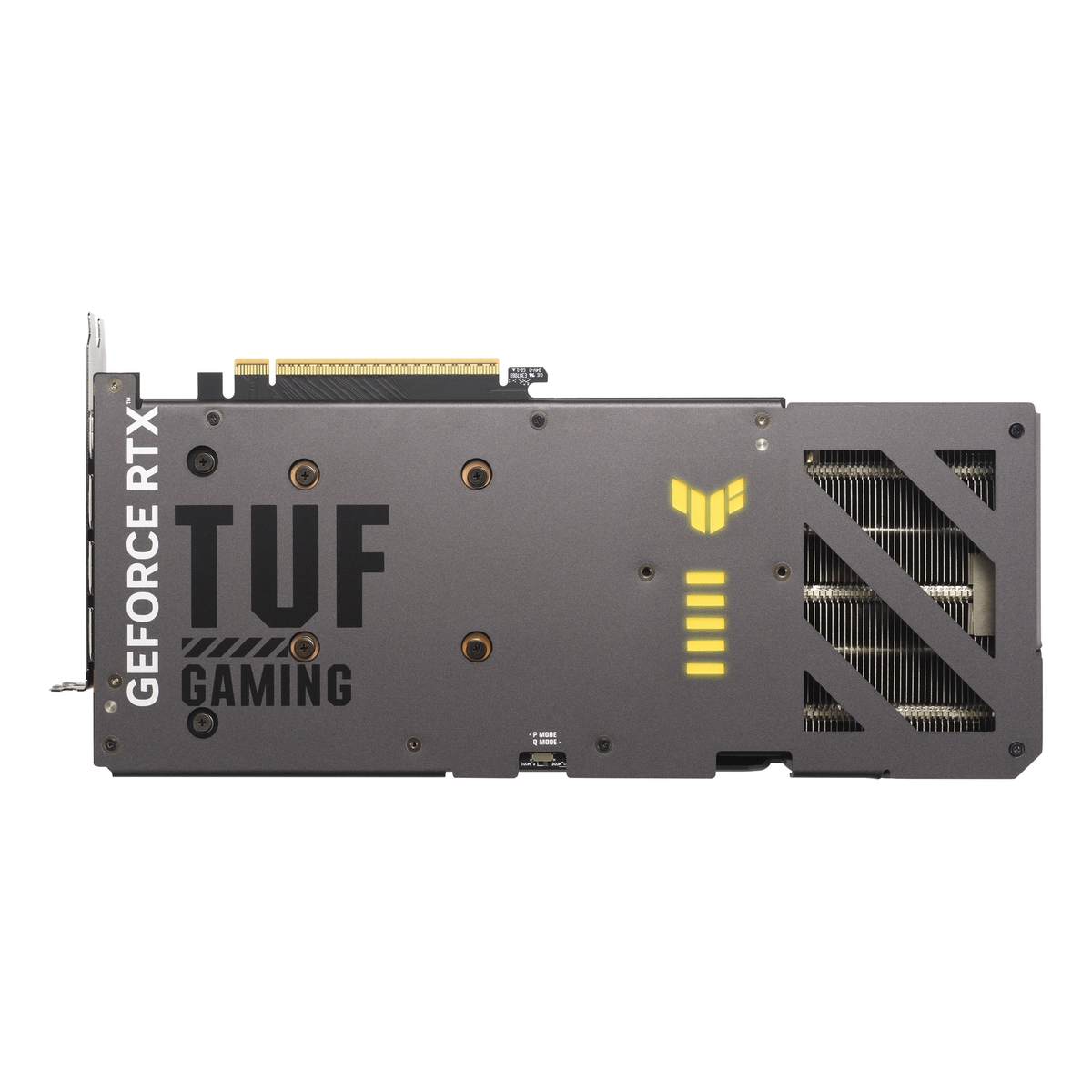 Gri ve sarı renklerde TUF GAMING ve GeForce RTX markalı grafik kartı arka plakası.