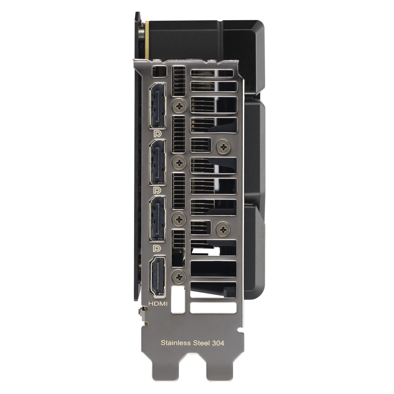 Widok z boku karty graficznej z portami i otworami chłodzącymi. Uchwyt ze stali nierdzewnej.