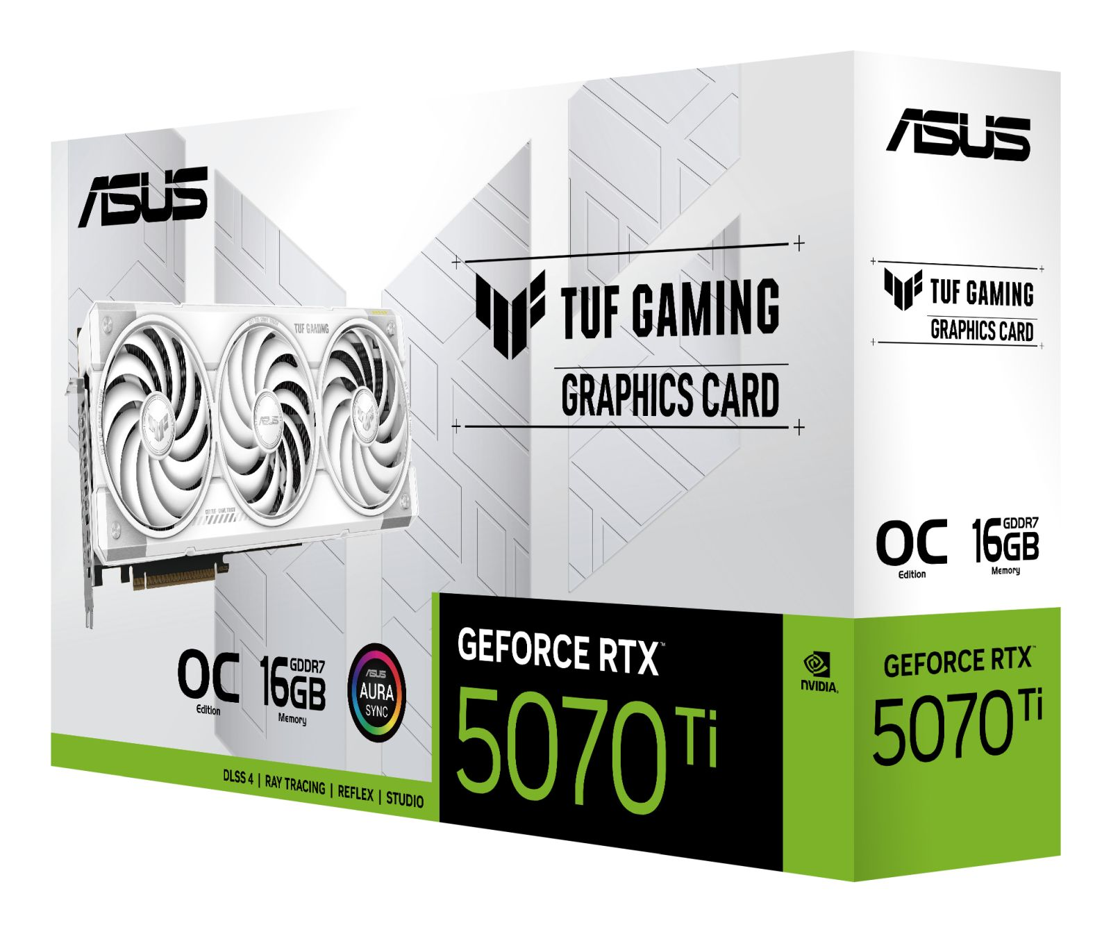 Pudełko karty graficznej z białą kartą, TUF GAMING, GeForce RTX i marką ASUS.