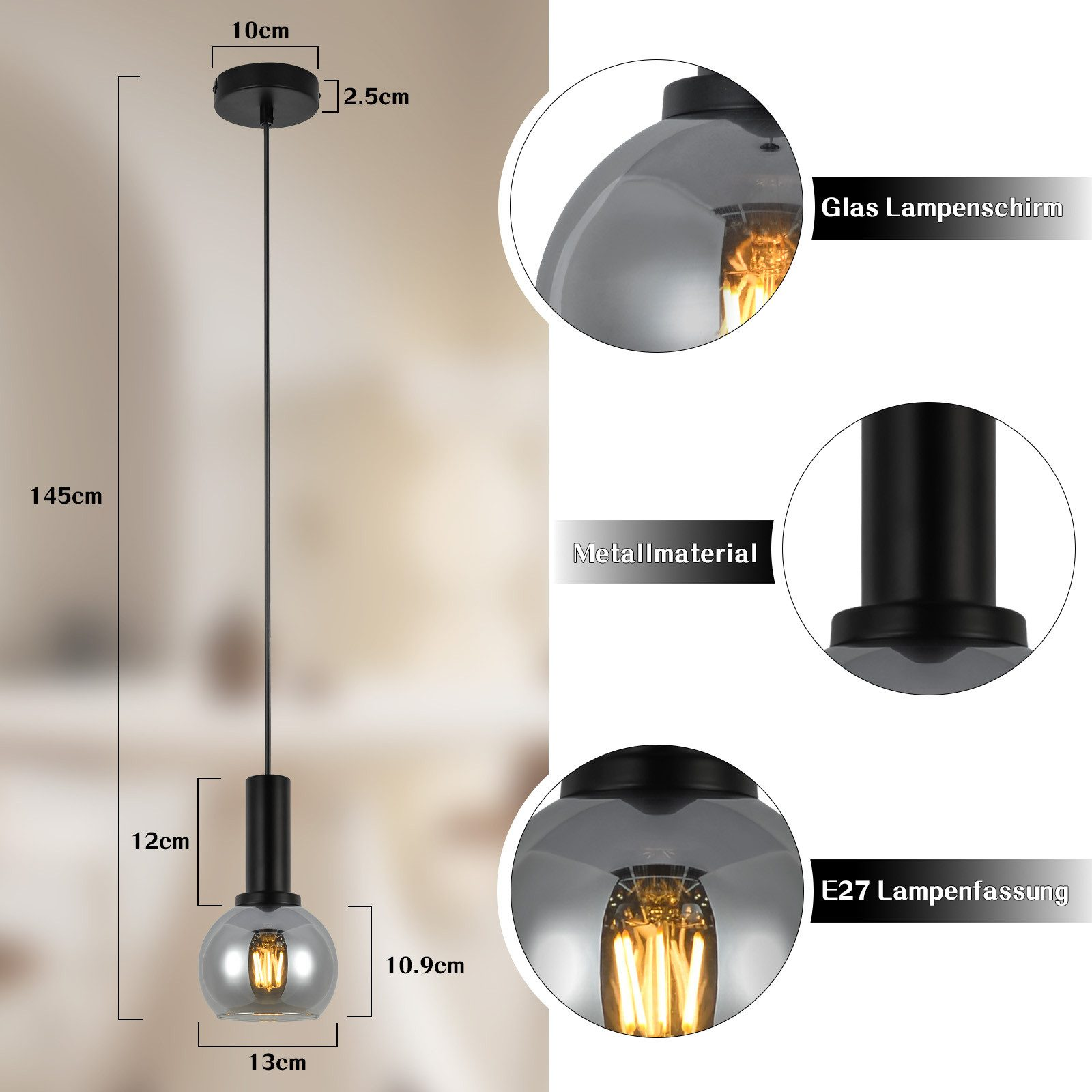 Lampada a sospensione nera con paralume in vetro e misure.