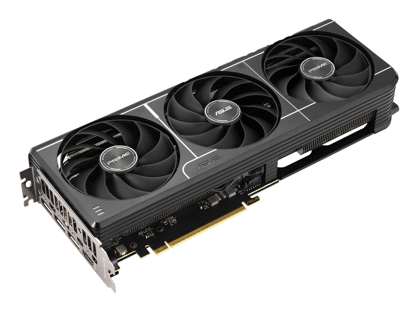 Czarna karta graficzna ASUS Prime z trzema wentylatorami.