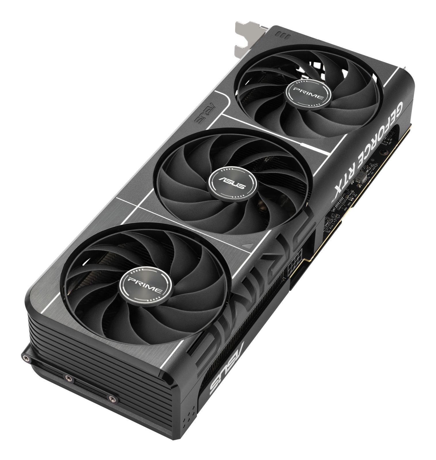 Czarna karta graficzna ASUS Prime z trzema wentylatorami.