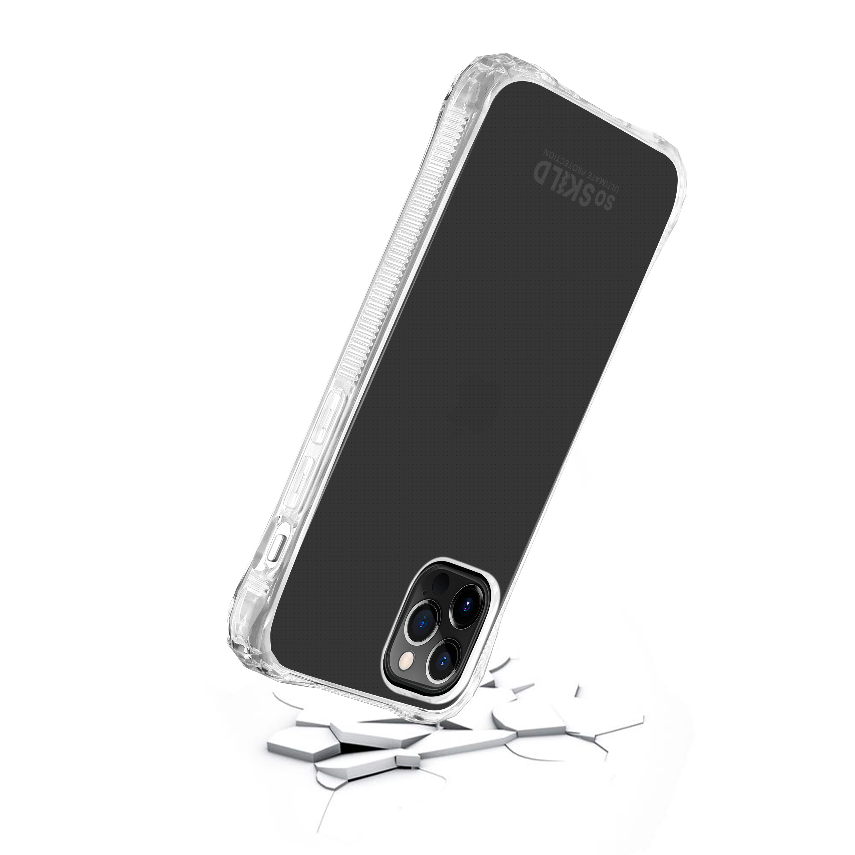 Custodia per telefono con retro strutturato. Su una superficie bianca.