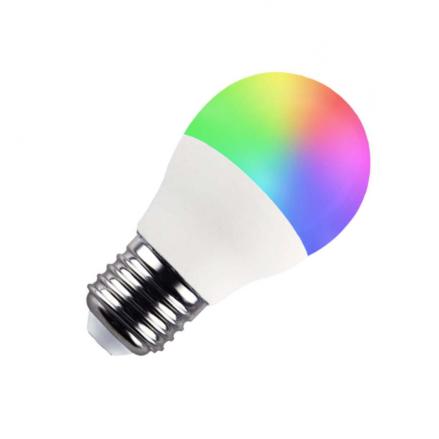 Bombilla inteligente RGB colorida con base blanca y rosca plateada.