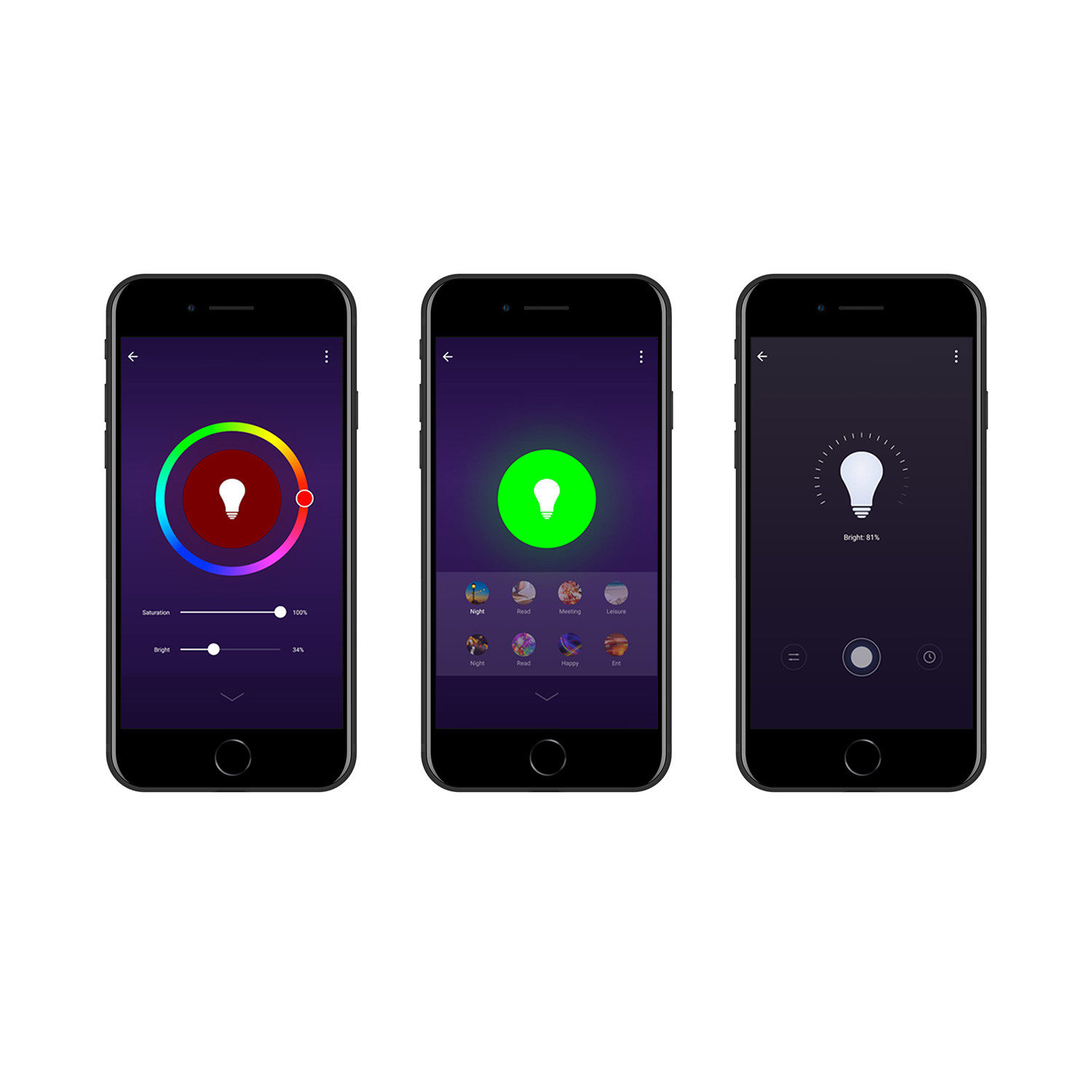 Tres teléfonos inteligentes que muestran diferentes interfaces de la aplicación de control de luz.