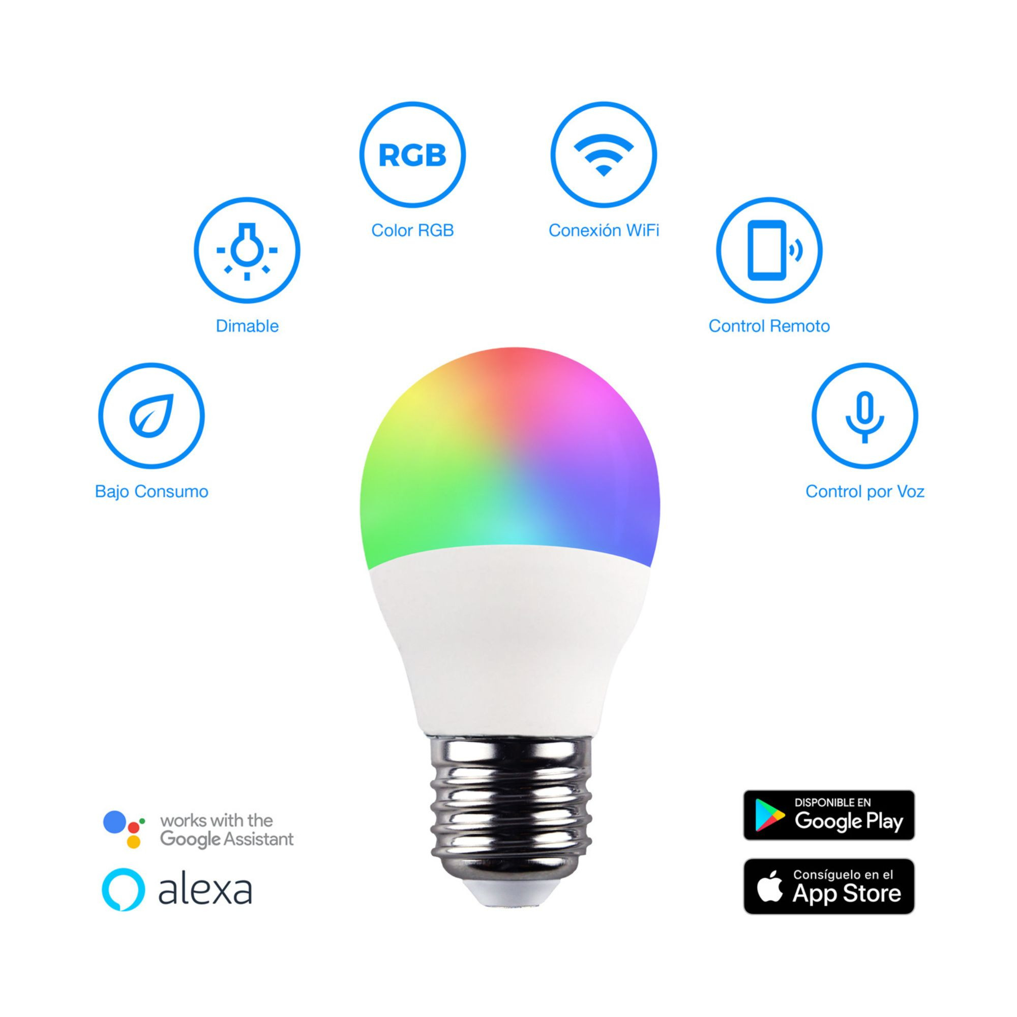 Bombilla inteligente RGB con iconos de funciones y Google Assistant.