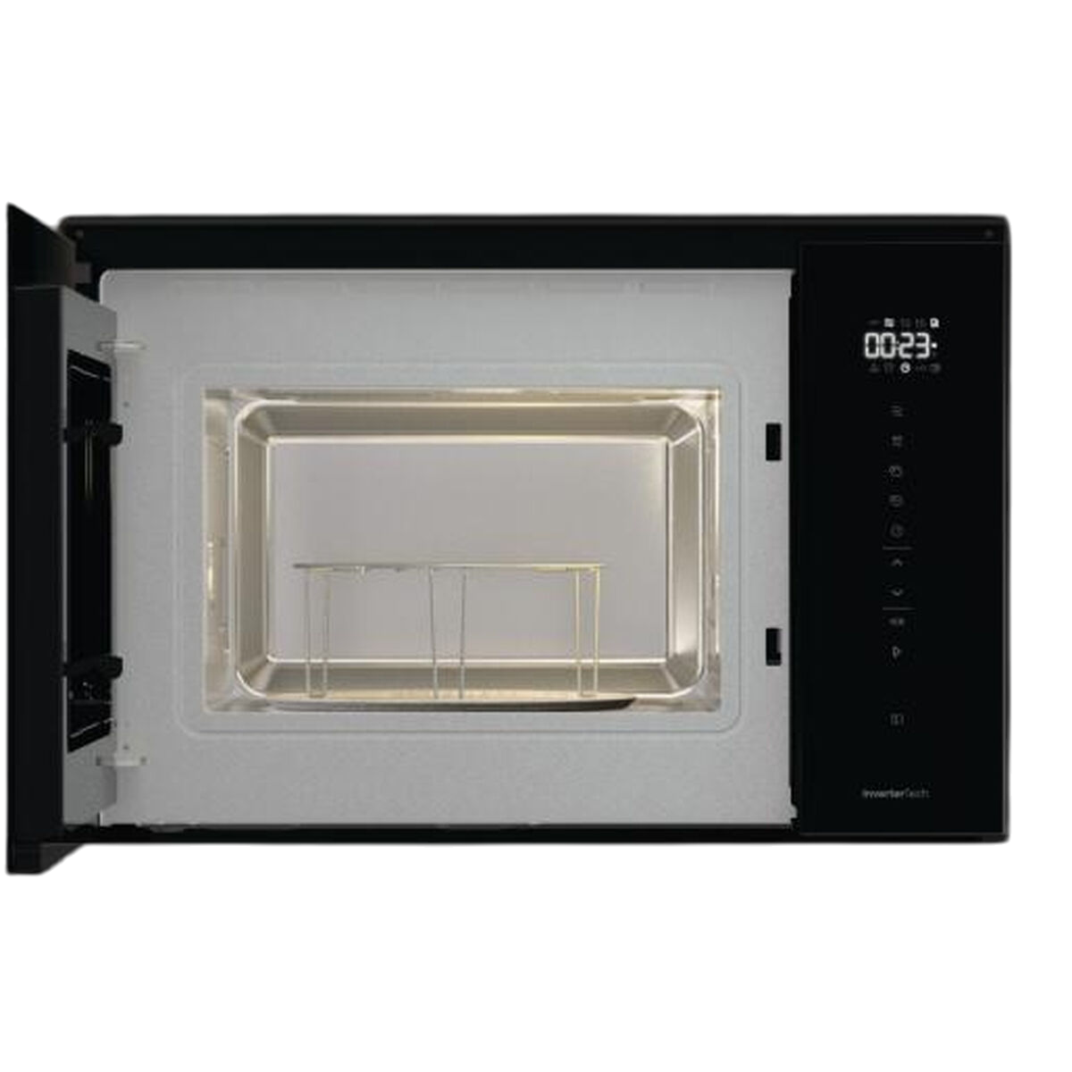 Kuchenka mikrofalowa, otwarta, ukazująca wnętrze ze szklaną tacą i wyświetlaczem cyfrowym.
