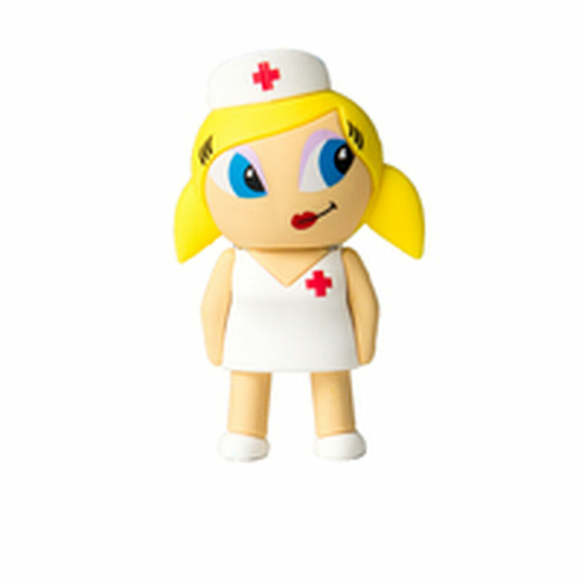 Figurina di infermiera dei cartoni animati con capelli biondi e vestito bianco.