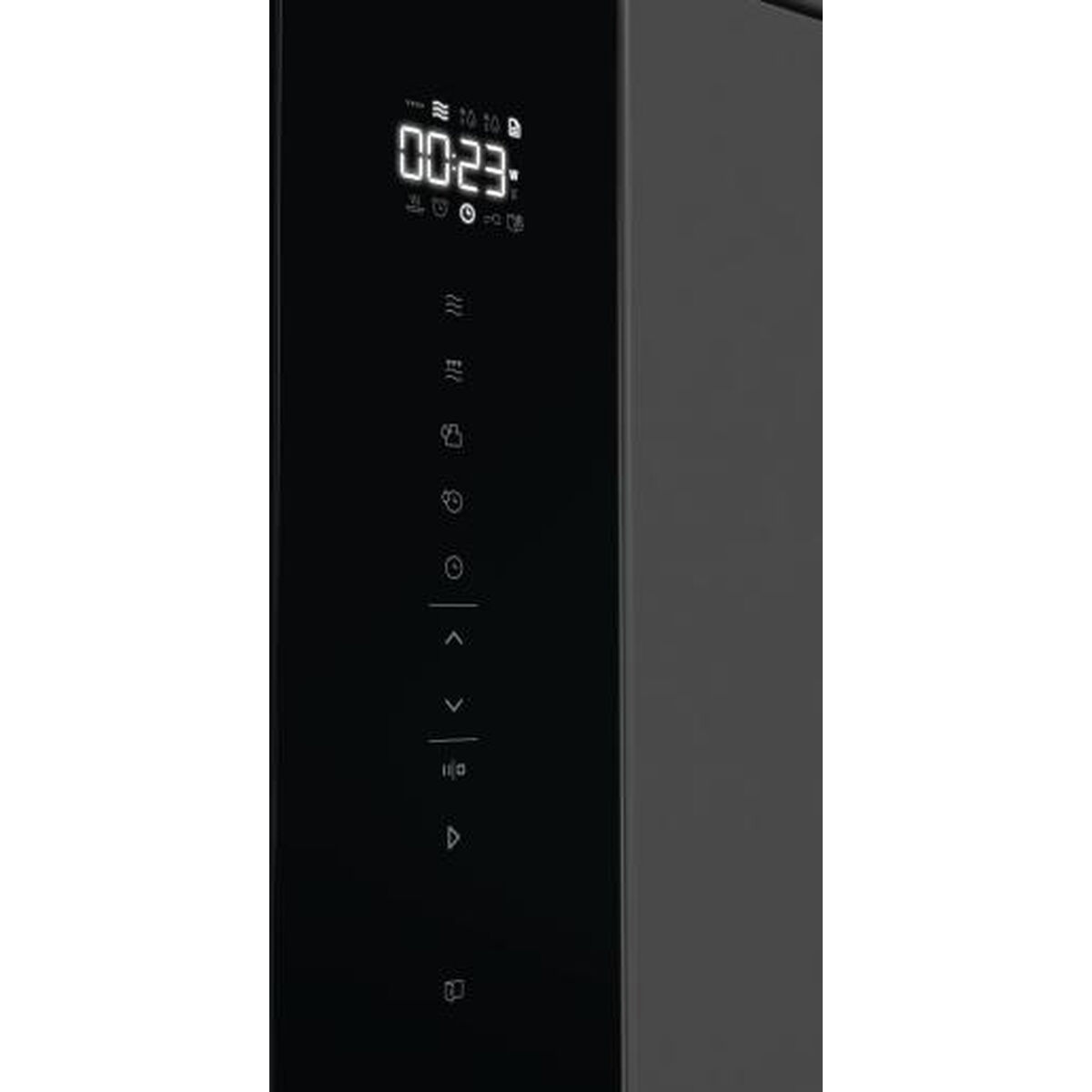 Czarny panel sterowania kuchenki mikrofalowej z wyświetlaczem cyfrowym i różnymi przyciskami funkcji.