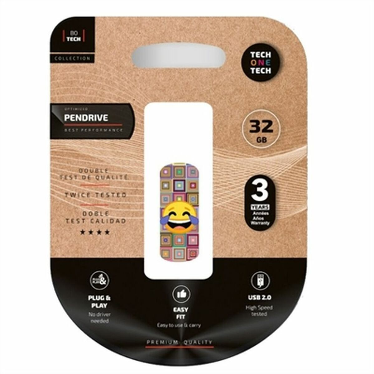 Chiavetta USB in confezione, con un design emoji che ride e informazioni sulla garanzia.