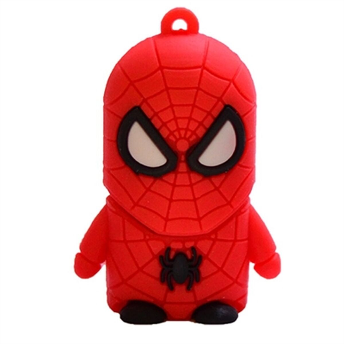 Chiavetta USB di Spider-Man rossa con un volto sorridente e un'emblema di ragno.