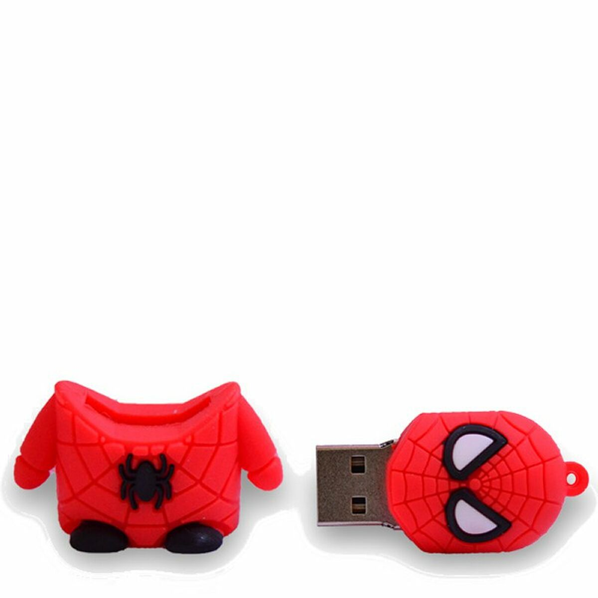 Due chiavette USB rosse di Spider-Man. Uno è un costume, l'altro è la testa.