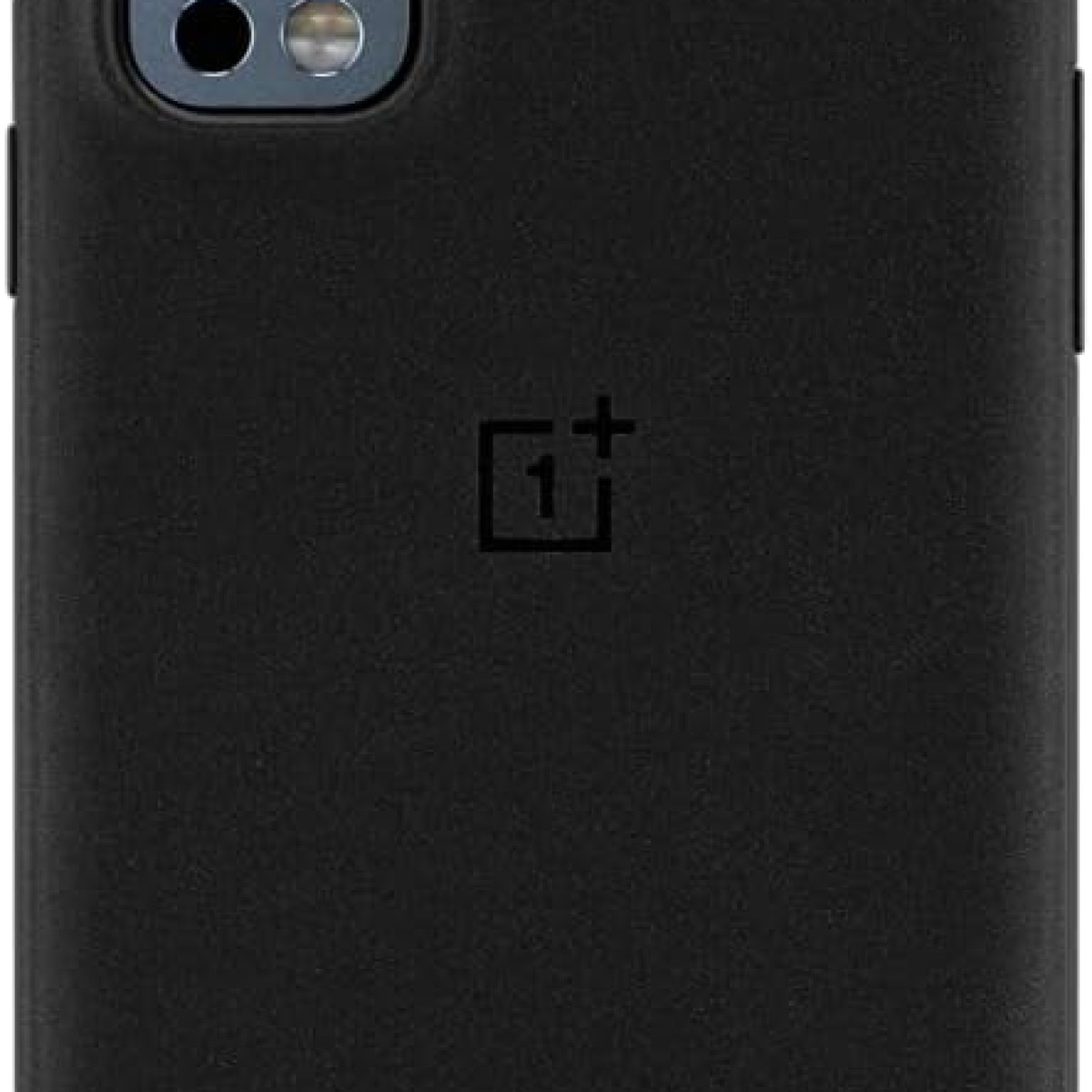 Custodia nera per telefono con logo OnePlus e fotocamera. Sfondo scuro.