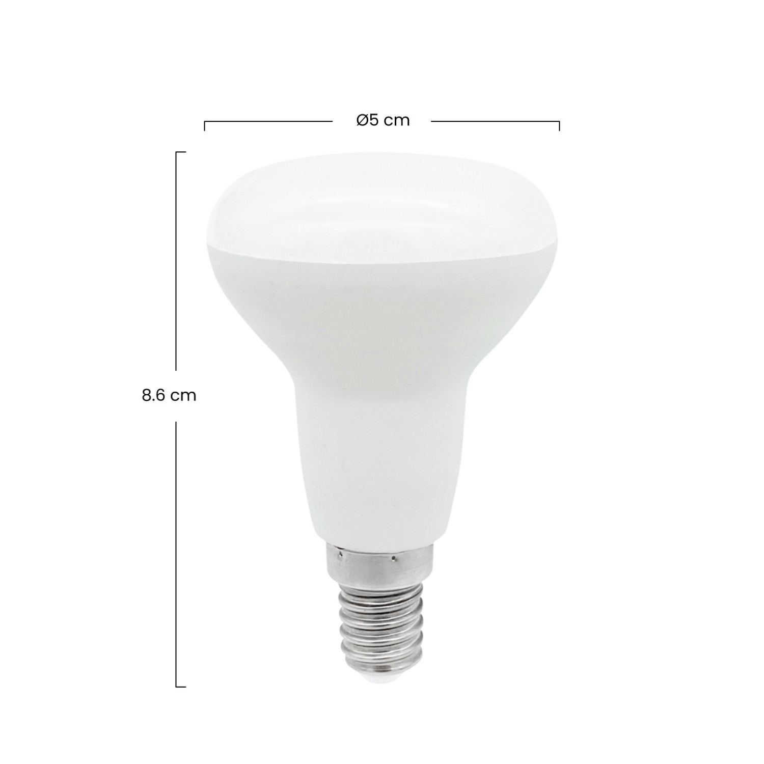 Bombilla blanca con medidas: 8,6 cm altura, 5 cm diámetro.