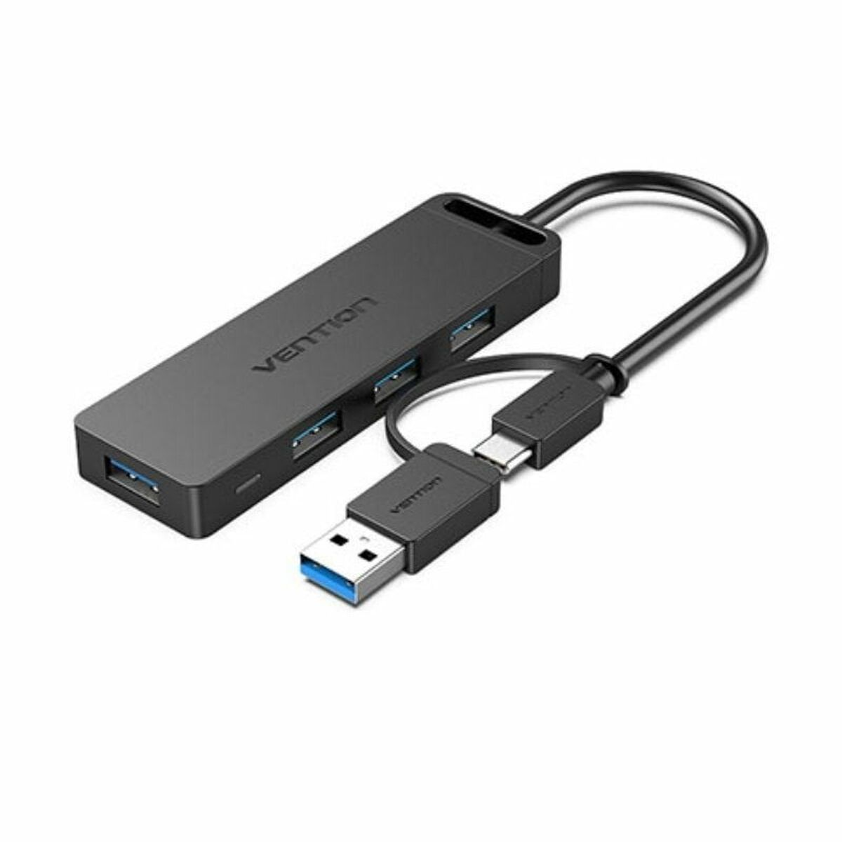 Hub USB nero con più porte e connettore USB-C e USB.