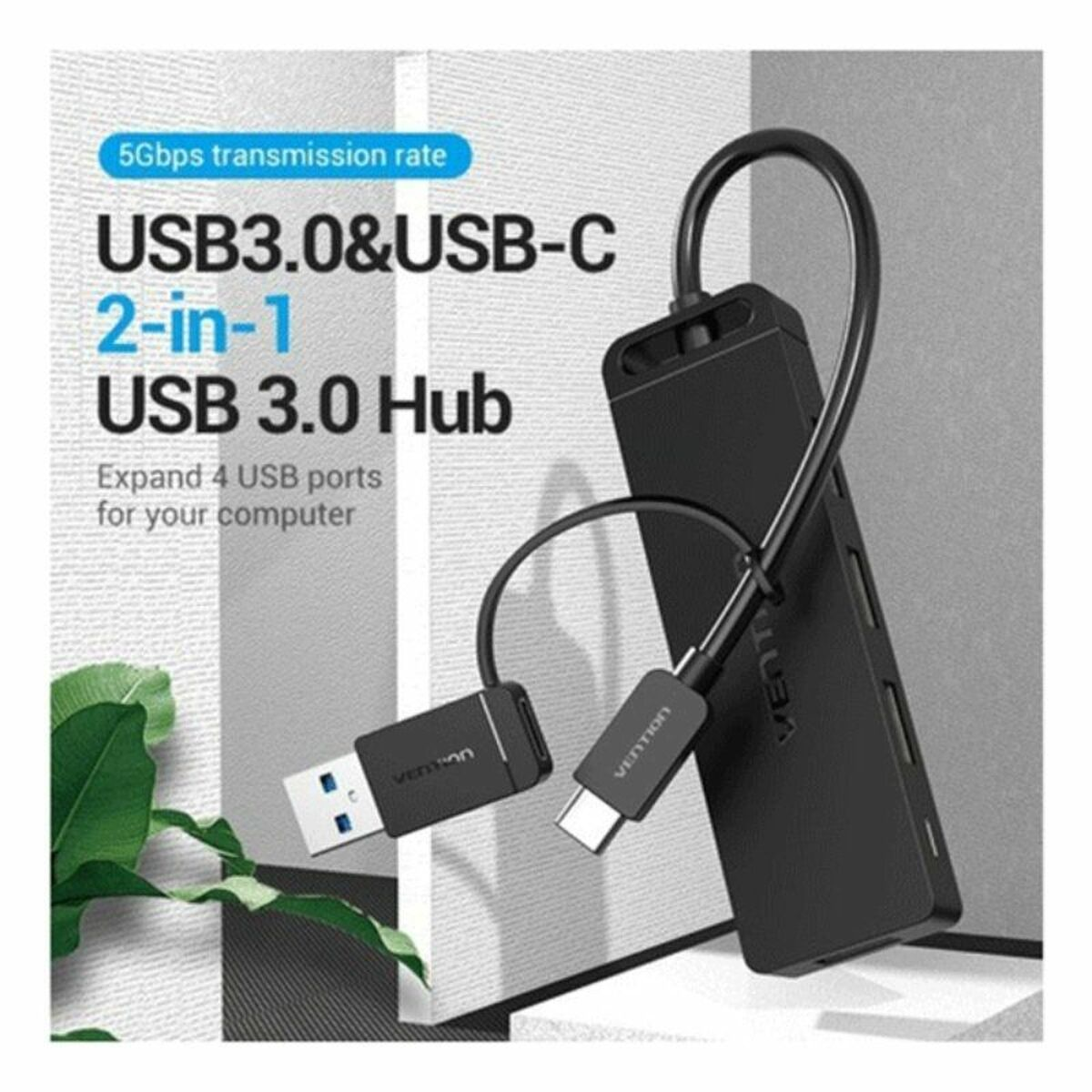 Hub USB nero con connettori USB e USB-C, testo: velocità di trasmissione 5 Gbps.