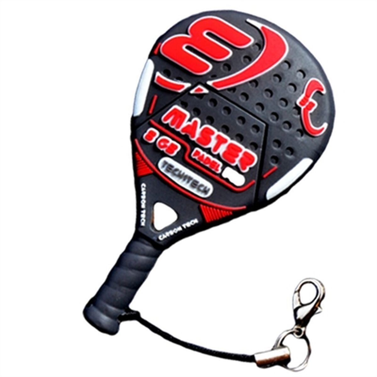 Schwarzer und roter Padel-Schläger mit schwarzem Griff und Lanyard, auf weißem Hintergrund.