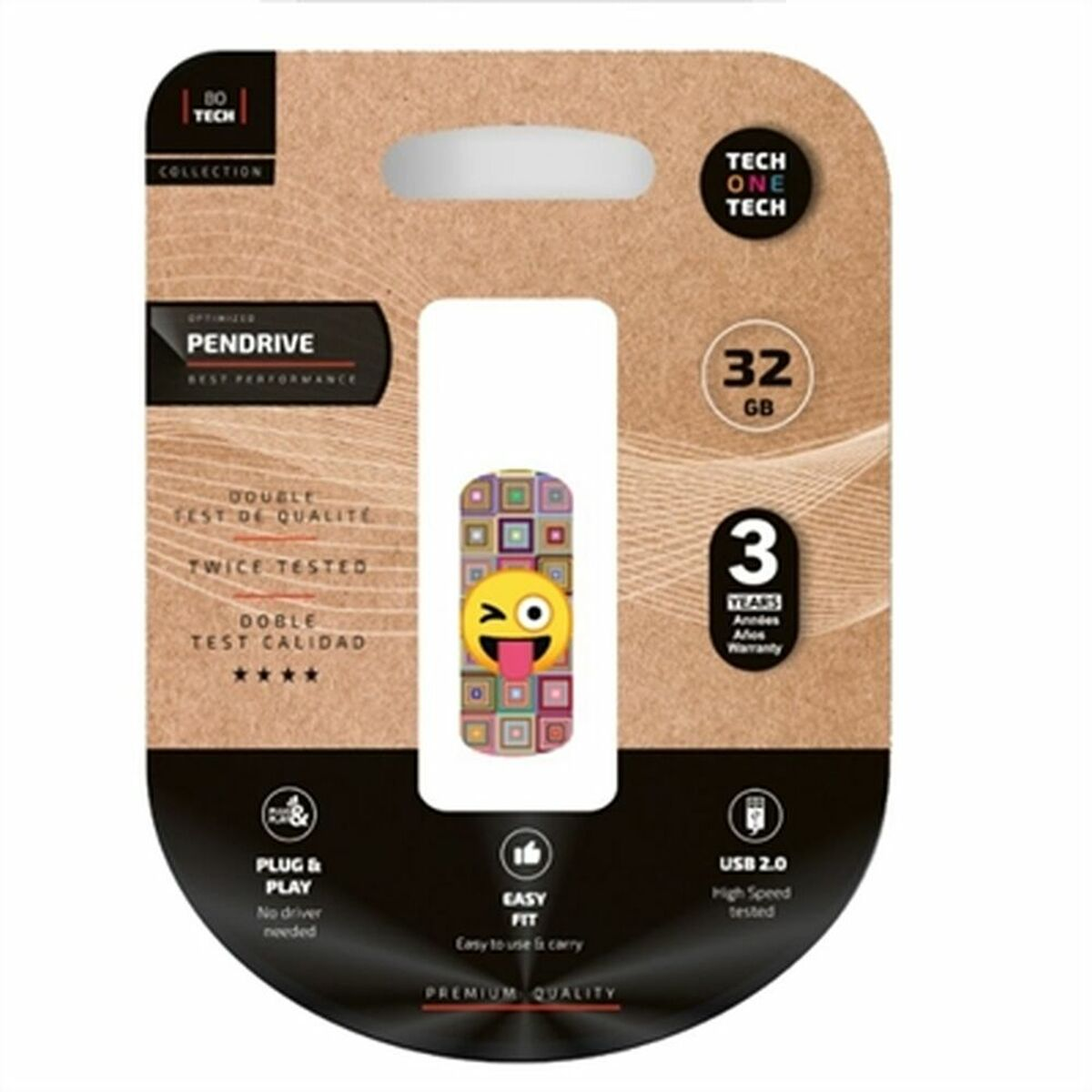 Ein USB-Laufwerk in Verpackung mit "PENDrive" und "32 GB" Etiketten, und einem zwinkernden Emoji-Design.