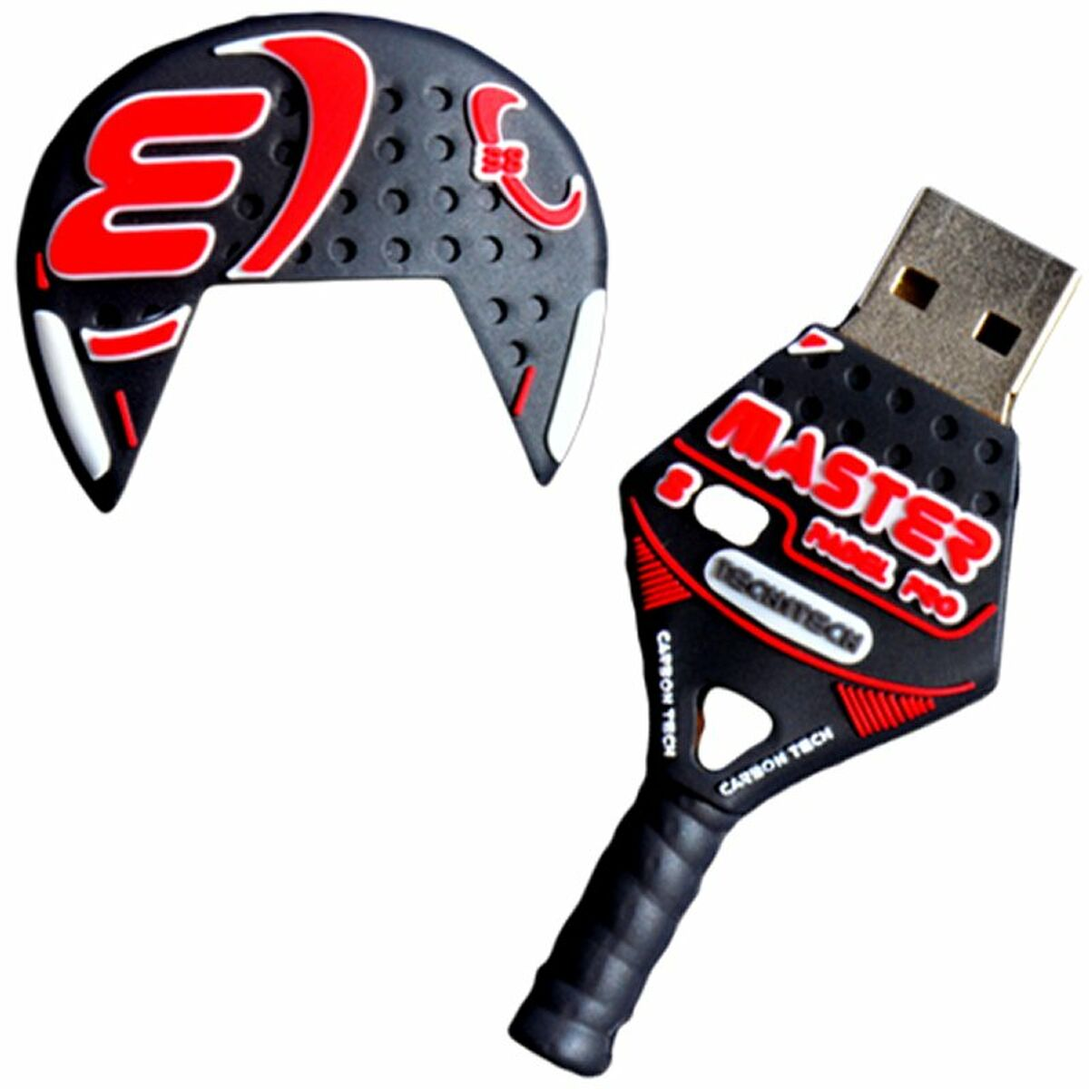 Zwei USB-Laufwerke, eines in Form eines Kameraobjektivs und das andere in Form eines Padel-Schlägers, schwarz und rot.