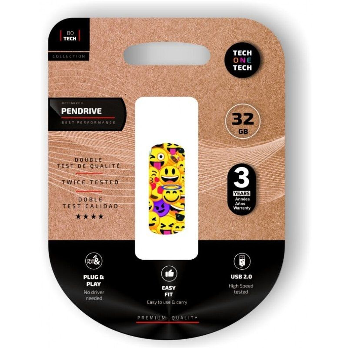Una confezione contenente una chiavetta USB emoji gialla. La confezione ha una finestra trasparente per vedere l'unità.