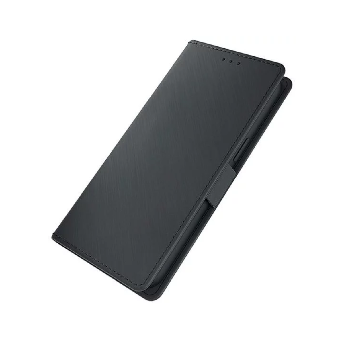 Zamknięte, czarne skórzane etui na portfel na białym tle.