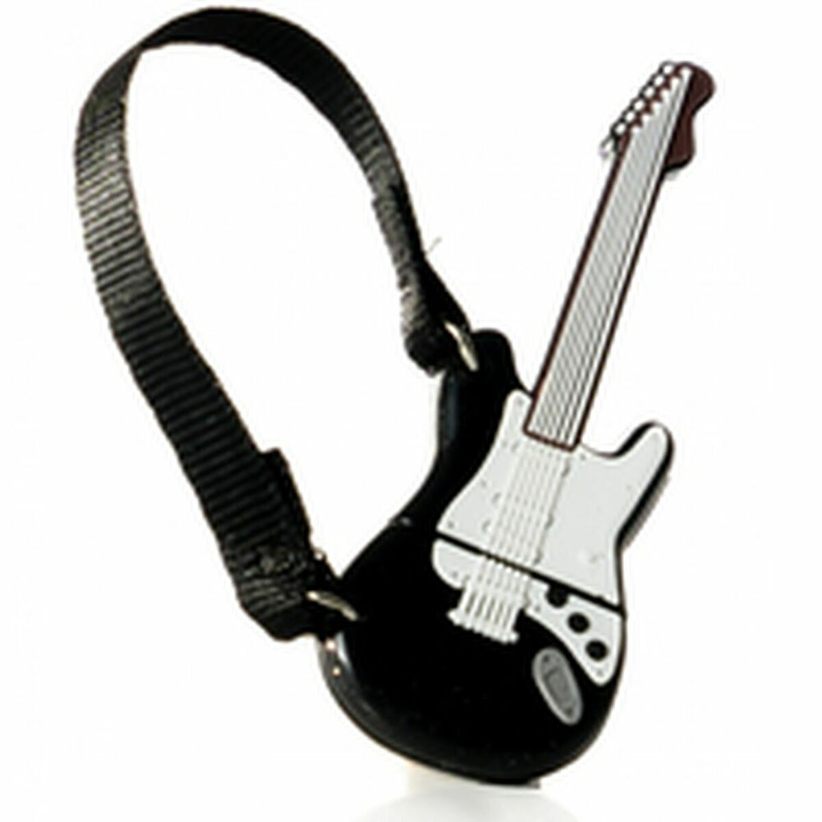 Chitarra in miniatura in bianco e nero con cinturino. La chitarra ha un corpo nero e dettagli bianchi.