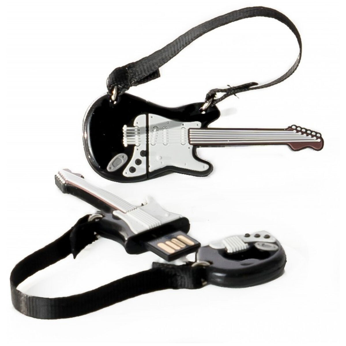Due chiavette USB a forma di chitarra. Una è nera, l'altra argentata. Entrambe hanno cinturini neri.