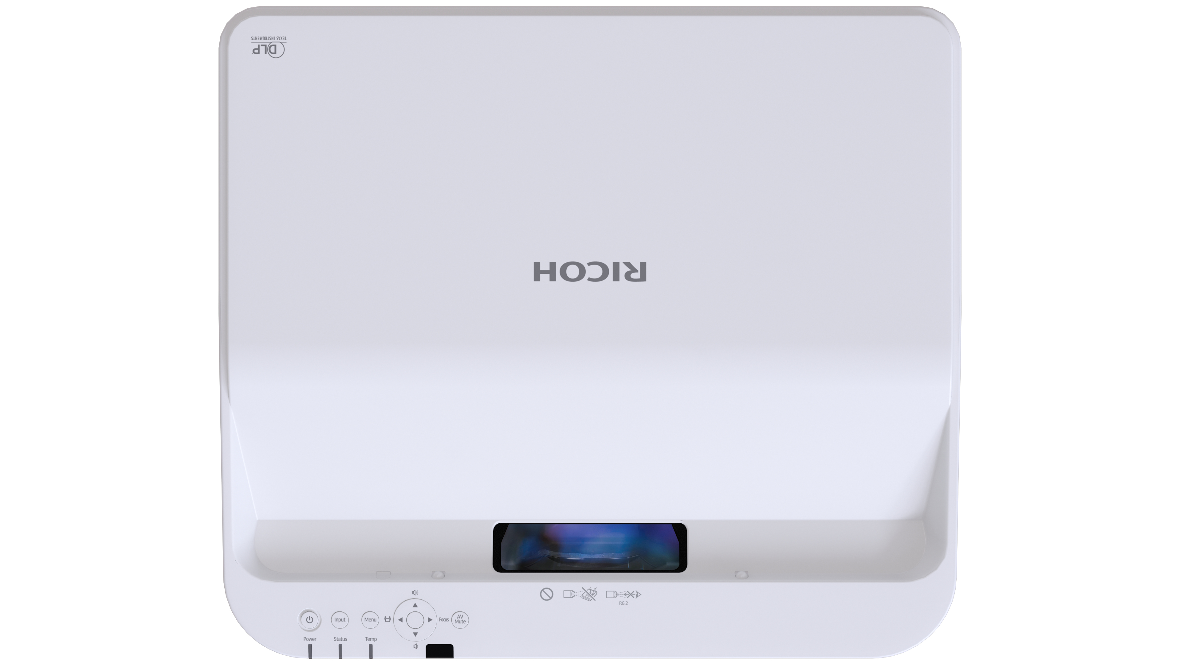 Widok z góry białego projektora. Marka RICOH znajduje się na górze. Widoczny panel sterowania.