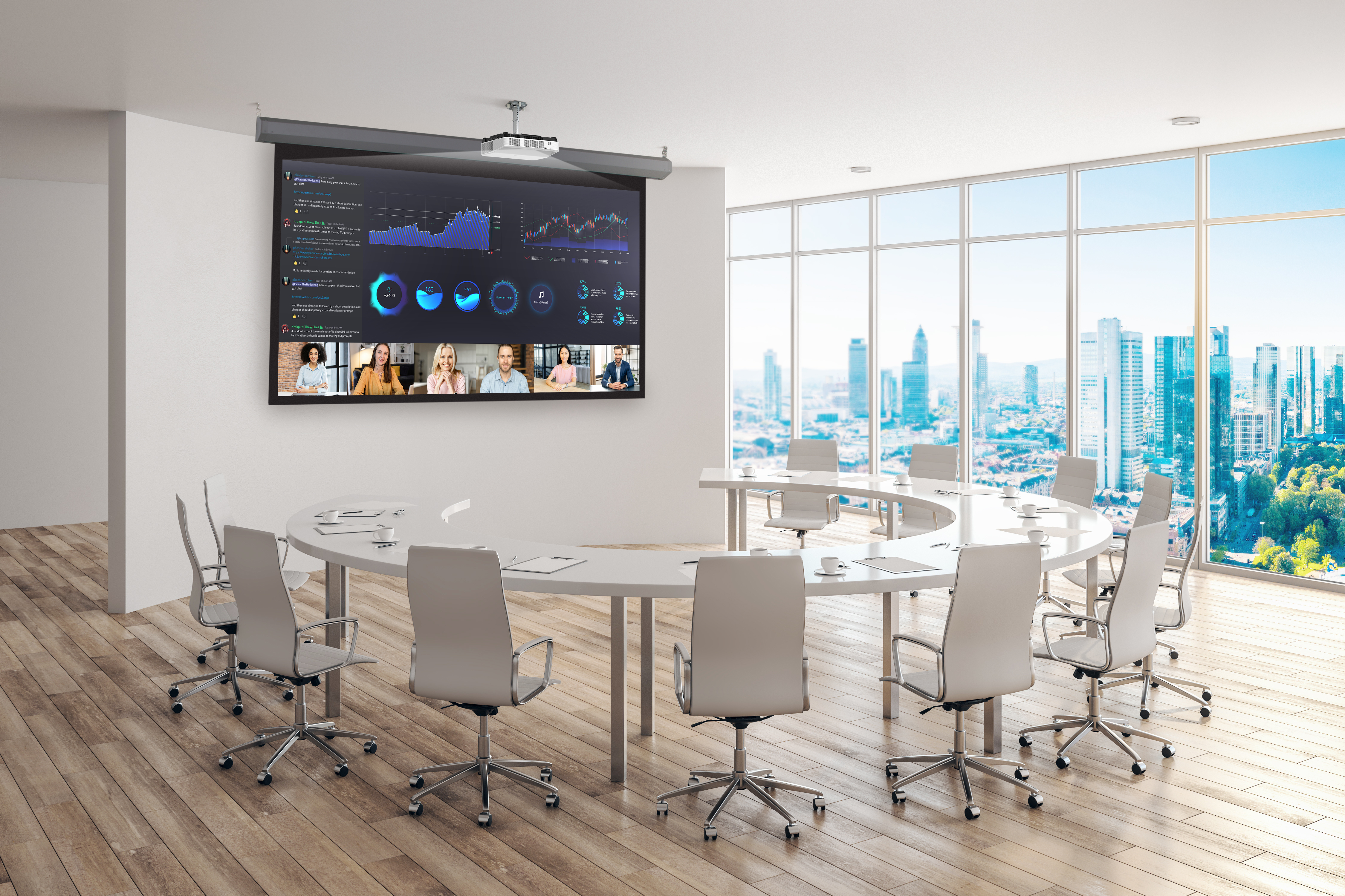 Sala konferencyjna z dużym ekranem, wykresami i wideorozmowami, okrągły stół, krzesła, okna, widok na miasto.