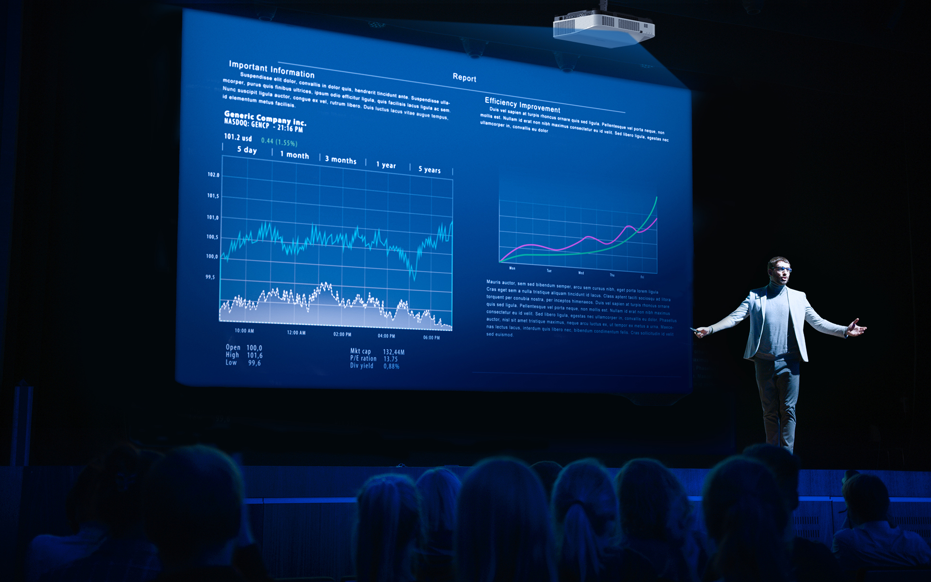 Mężczyzna prezentujący przed ekranem projekcyjnym. Pokazuje wykresy i tekst. Widownia w ciemności.