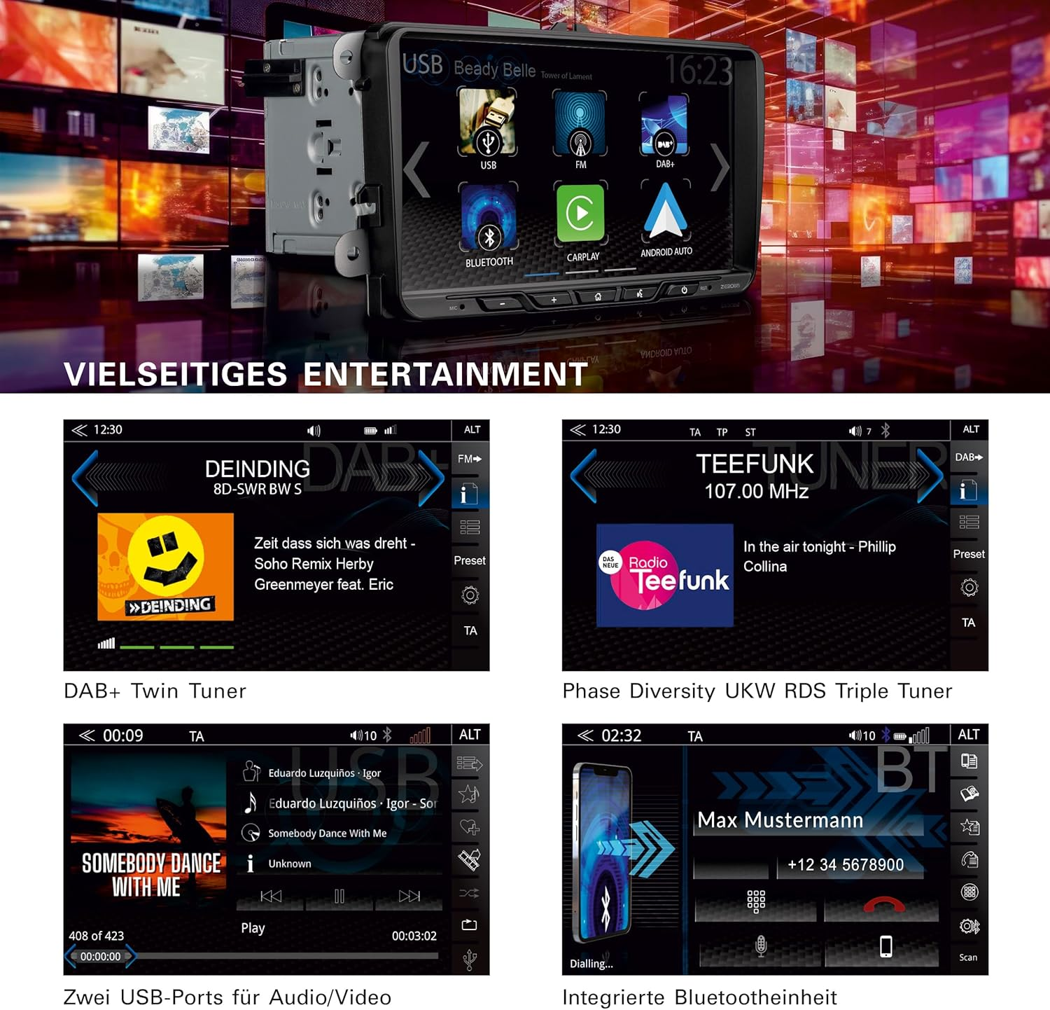 Autoradio mit Touchscreen, verschiedene Funktionen, darunter Musik und Telefon.