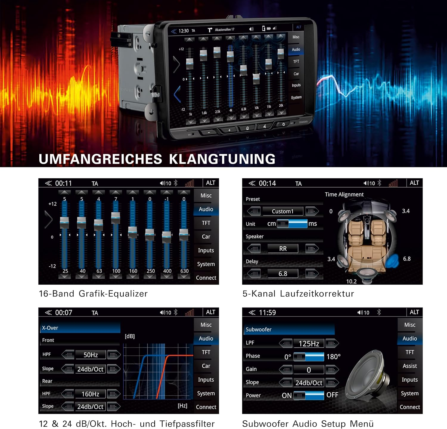 Car-Audio-System mit Equalizer-Einstellungen und Subwoofer-Optionen.