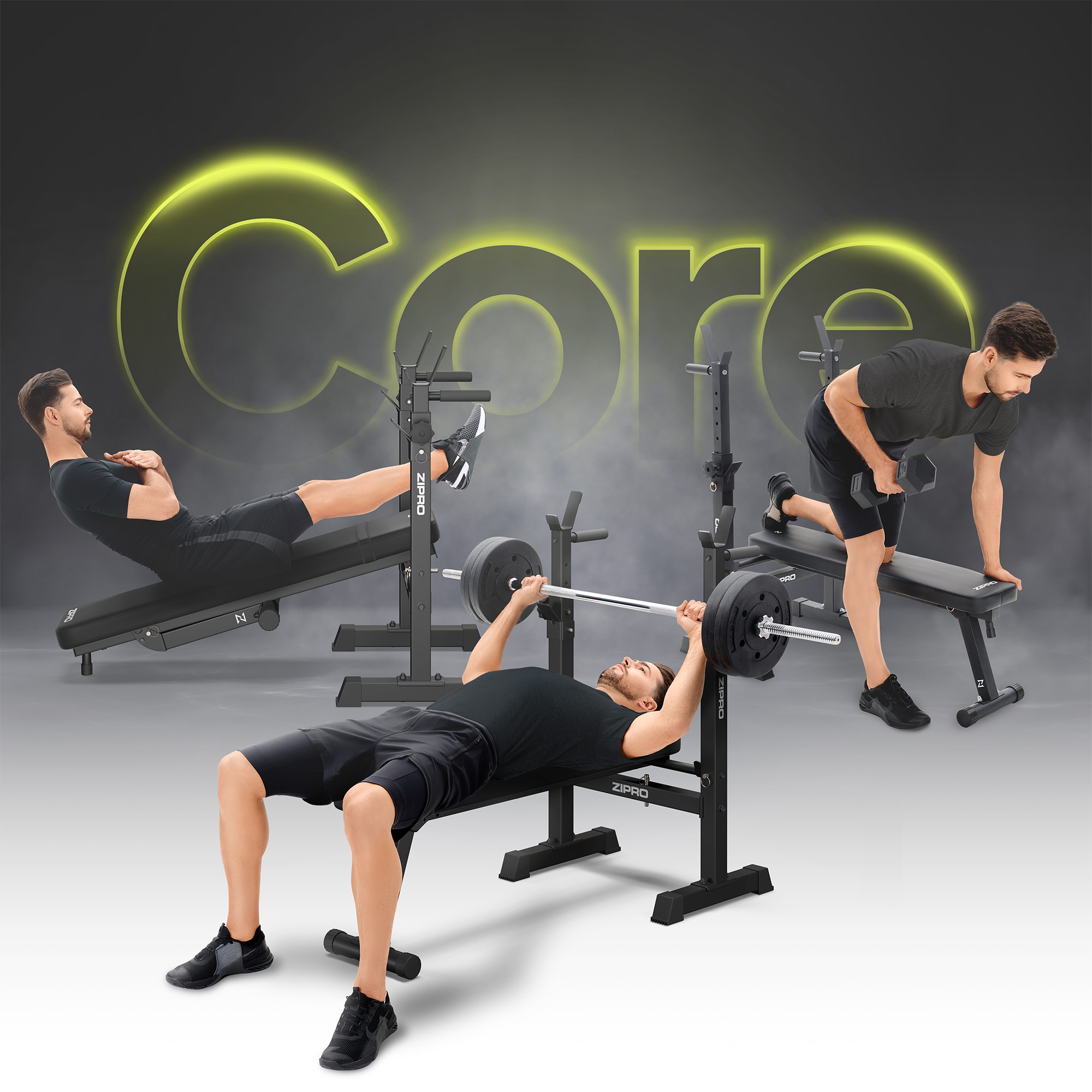 Männer trainieren auf schwarzen Bänken und heben Gewichte. Das Wort 'CORE' ist gelb im Hintergrund.