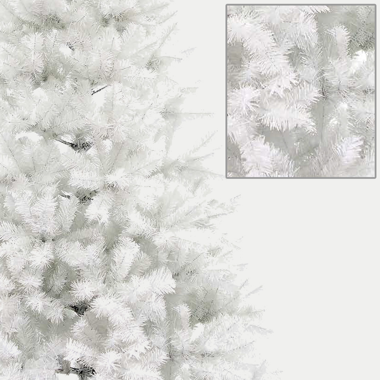 Un árbol de Navidad blanco. Tiene muchas ramas blancas. También hay una vista ampliada de las ramas.