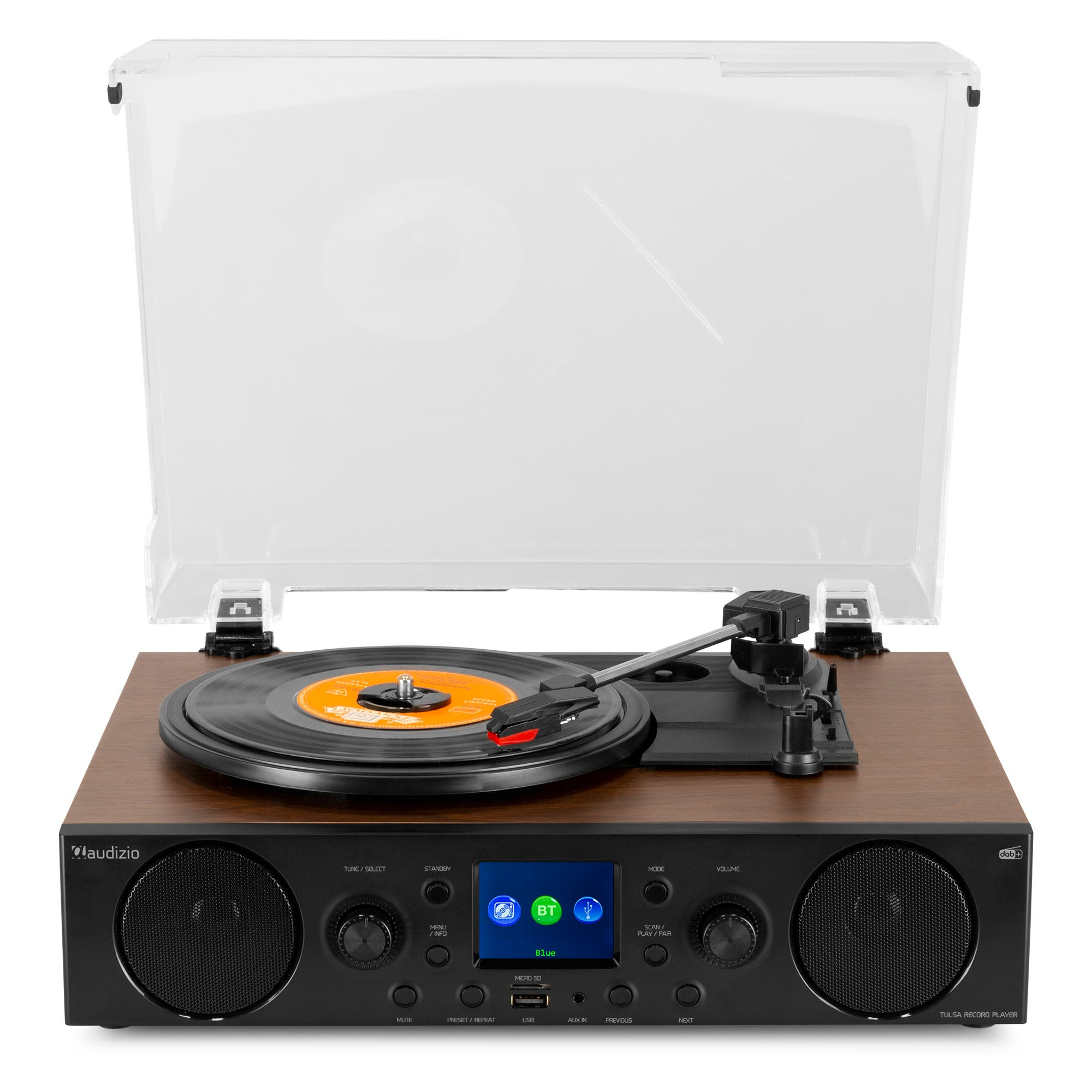 Wooden turntable with a clear cover, a black vinyl record, and two speakers. The cover is open.