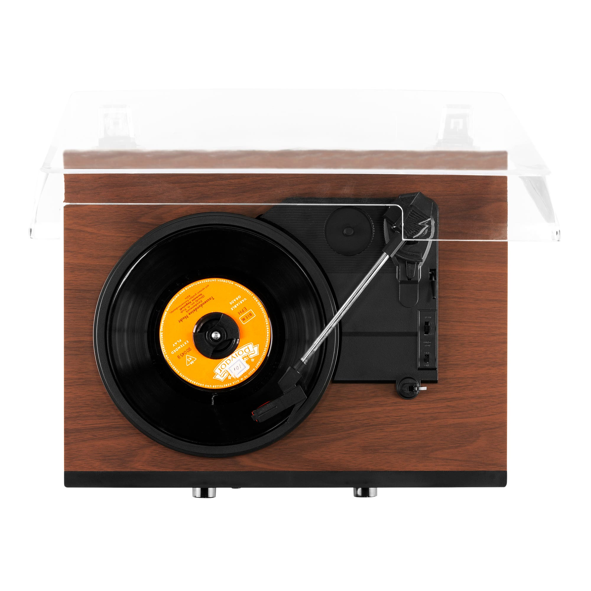 A turntable with a record playing. It has a wooden base and a clear plastic cover.