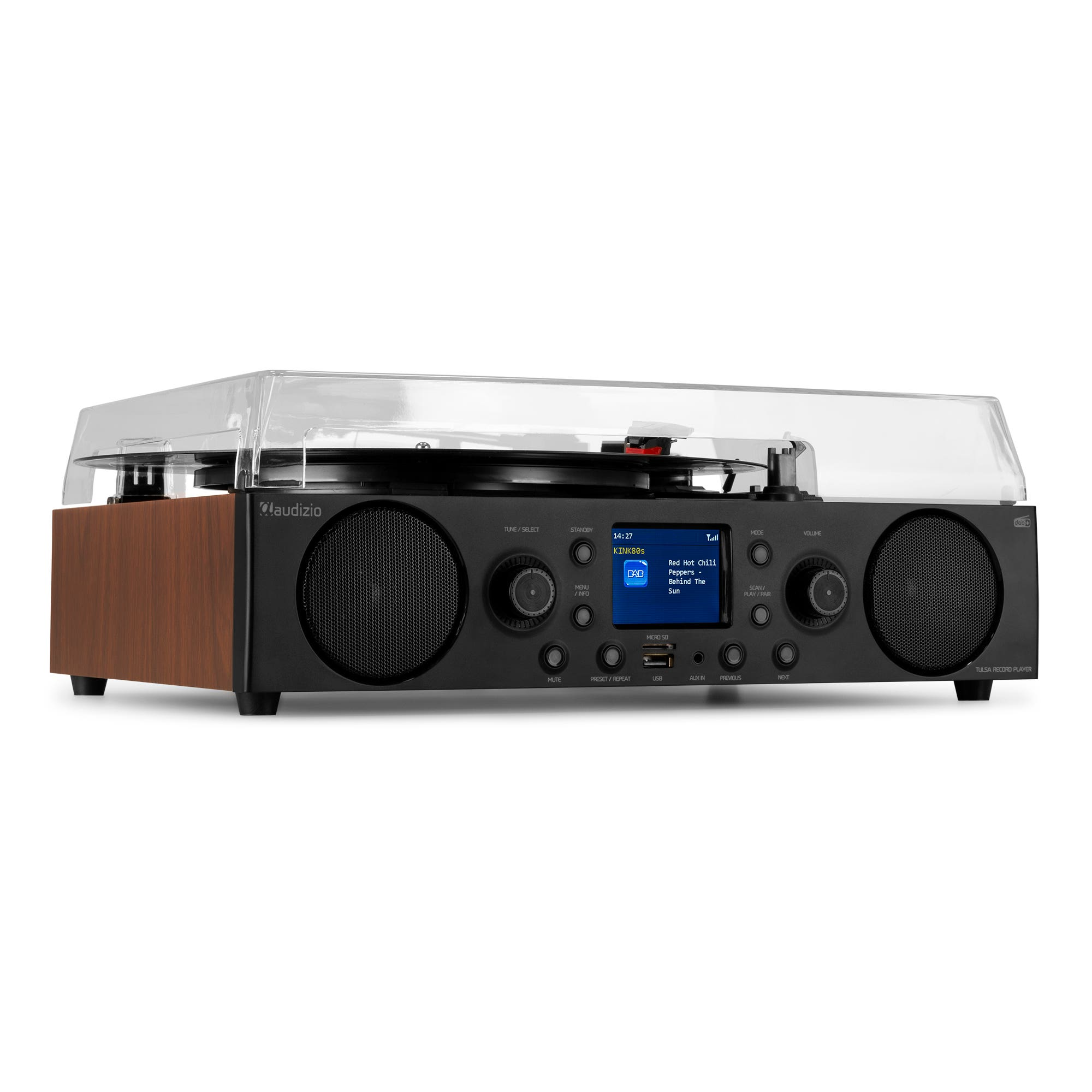 A retro radio with a turntable and a screen.