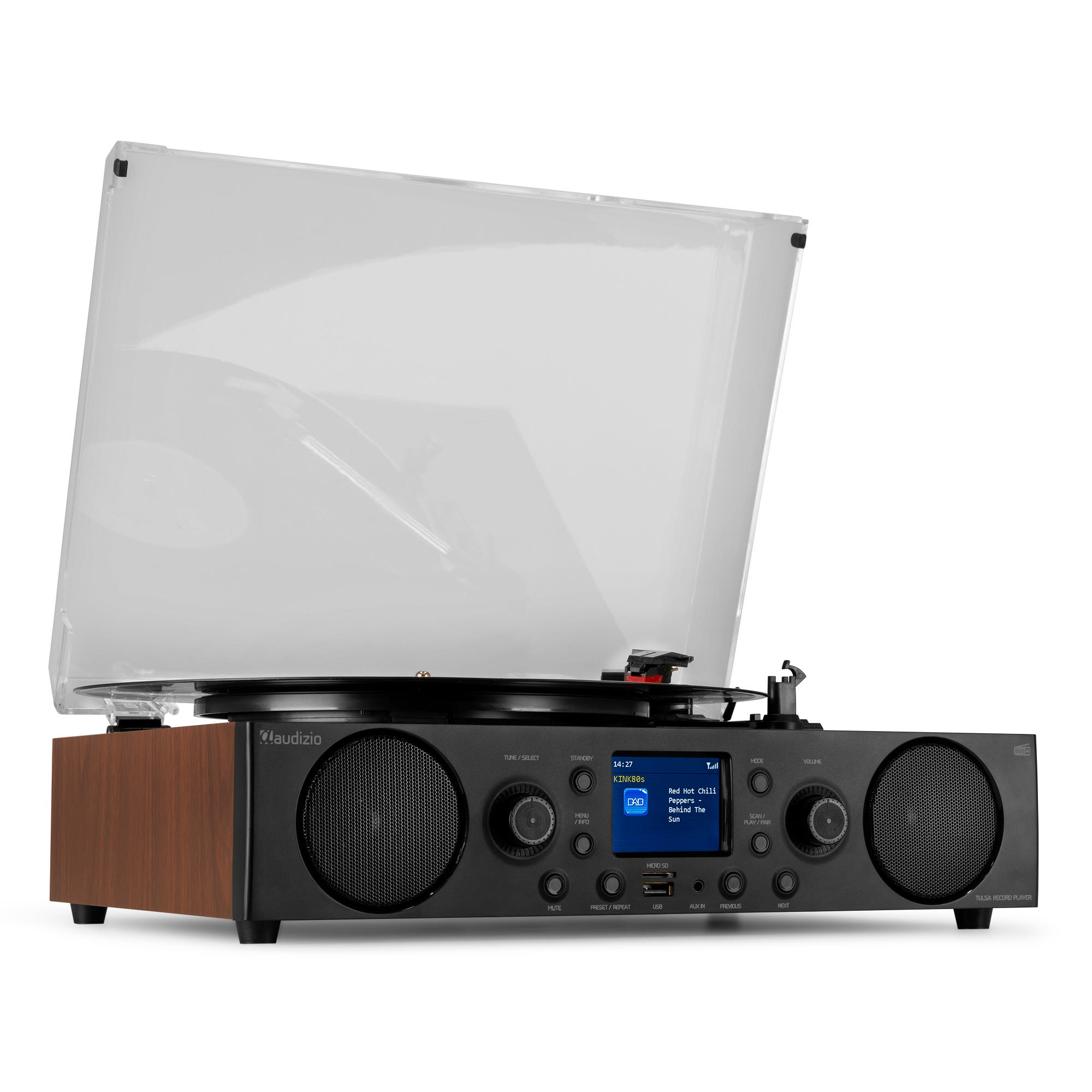 Turntable with a screen displaying music info. Wooden base, black controls, clear cover.