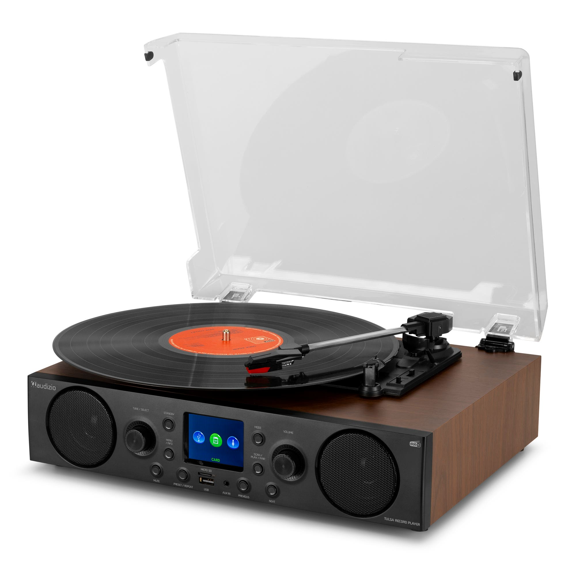 Turntable with wooden case, black controls and screen, vinyl record playing. Clear cover open.