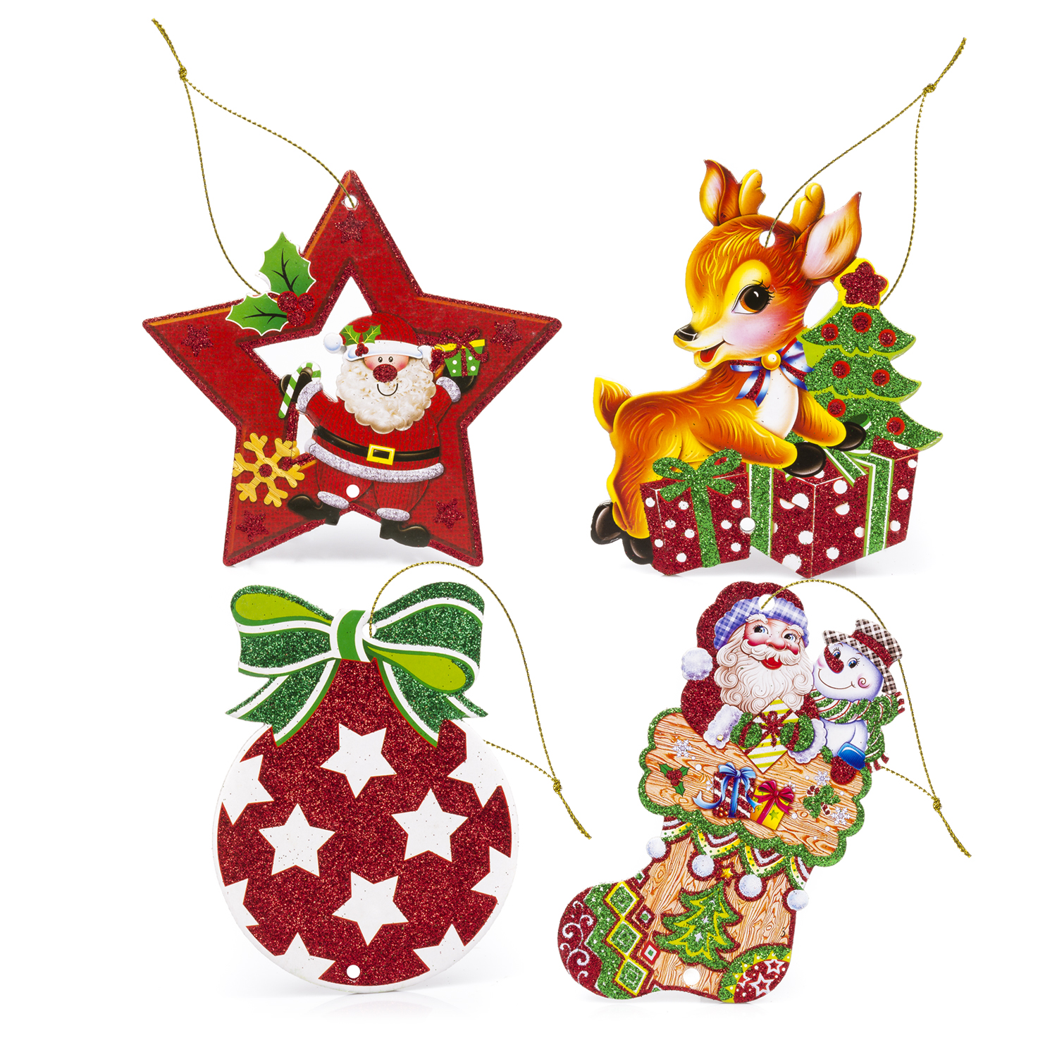 Ornamenti natalizi: una stella rossa, un cervo, una palla glitterata e una calza di Babbo Natale.